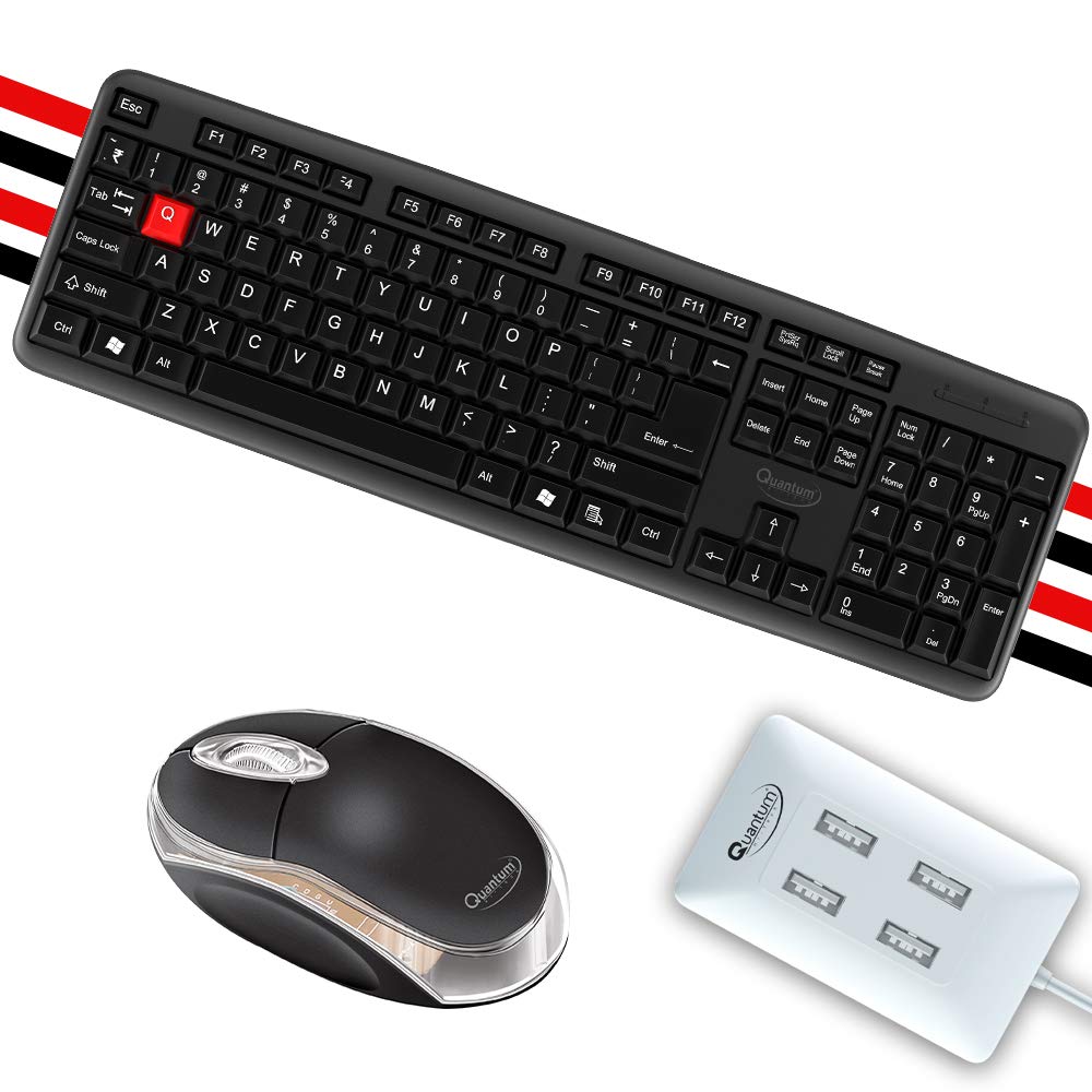 (Open Box) QHM7403 Wired Keyboard/QHM222 Wired Mouse/QHM6660 4 Port USB Hub Combo Set