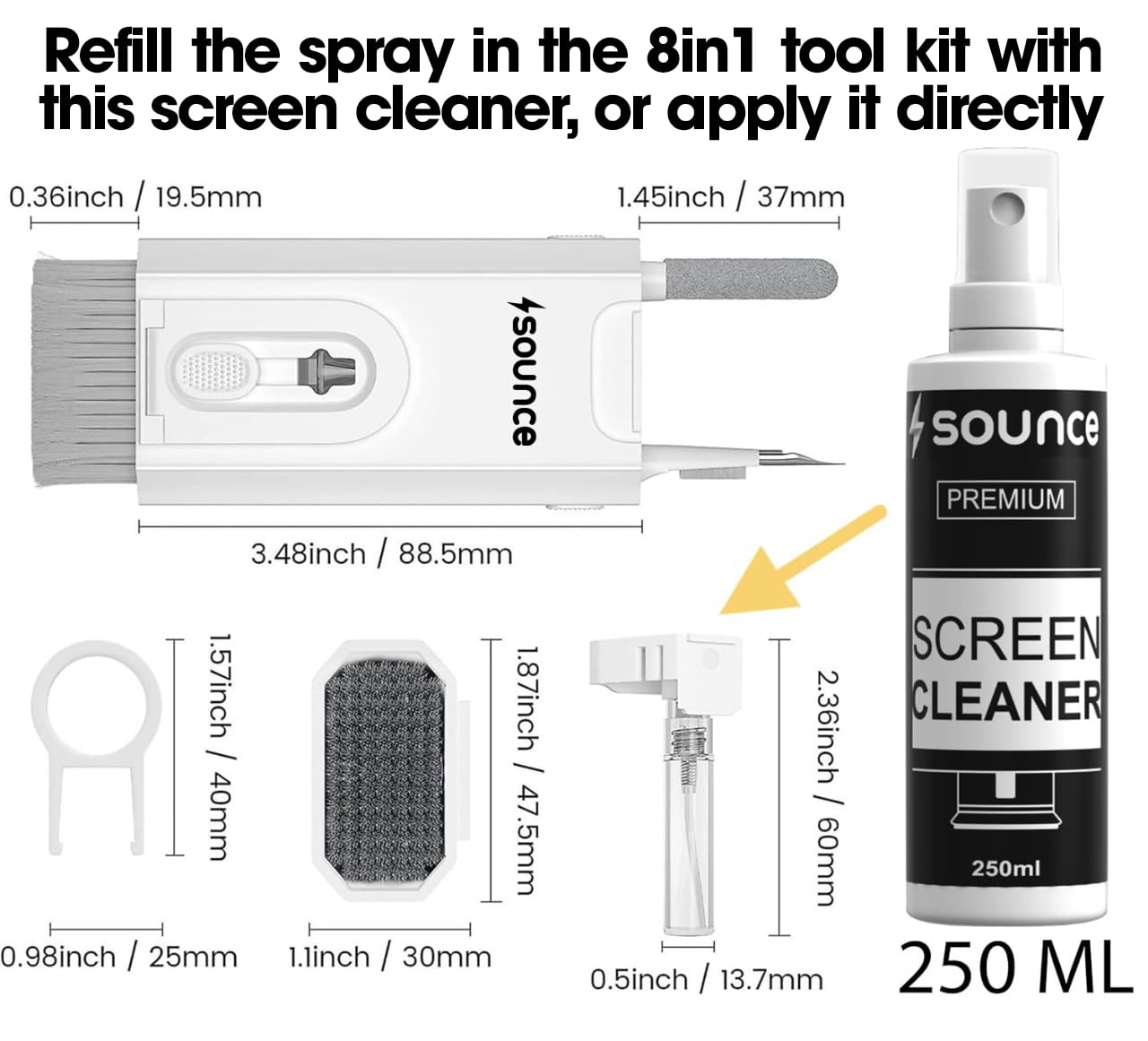(open box)Sounce 2-in-1 Professional Screen Cleaning Kit Non-Toxic, Anti-Static for Camera, Lens, Binocular, Laptop, TV, Monitor, Smartphone, Tablet (Includes: Cleaning Liquid 500ml, Plush Microfiber Cloth)