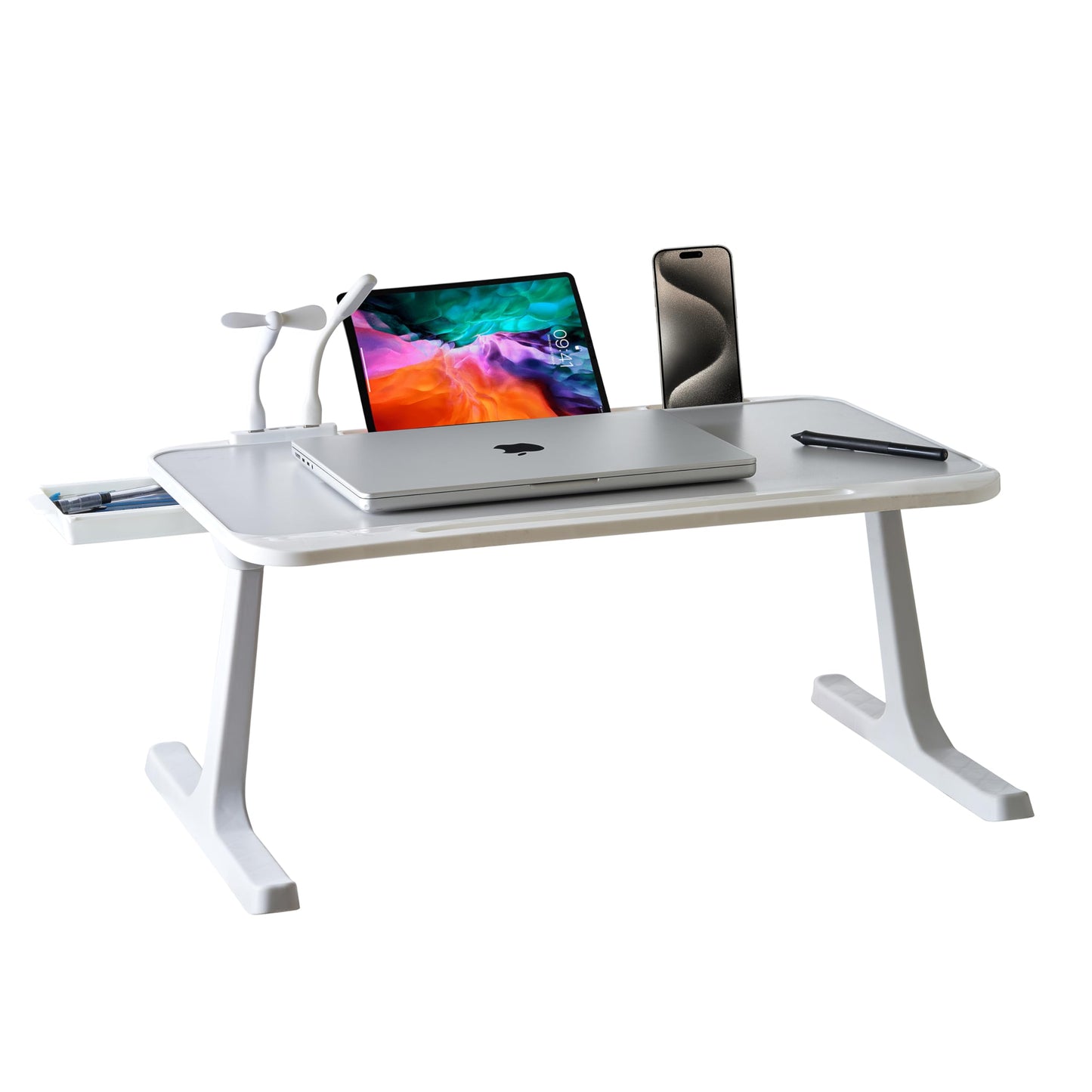 (OPEN BOX)GoRogue Laptop Table for Bed & Sofa, Foldable Desk with Cup Holder, Drawer & Built-in USB Hub with Free Mini Fan, LED Lamp (Black)
