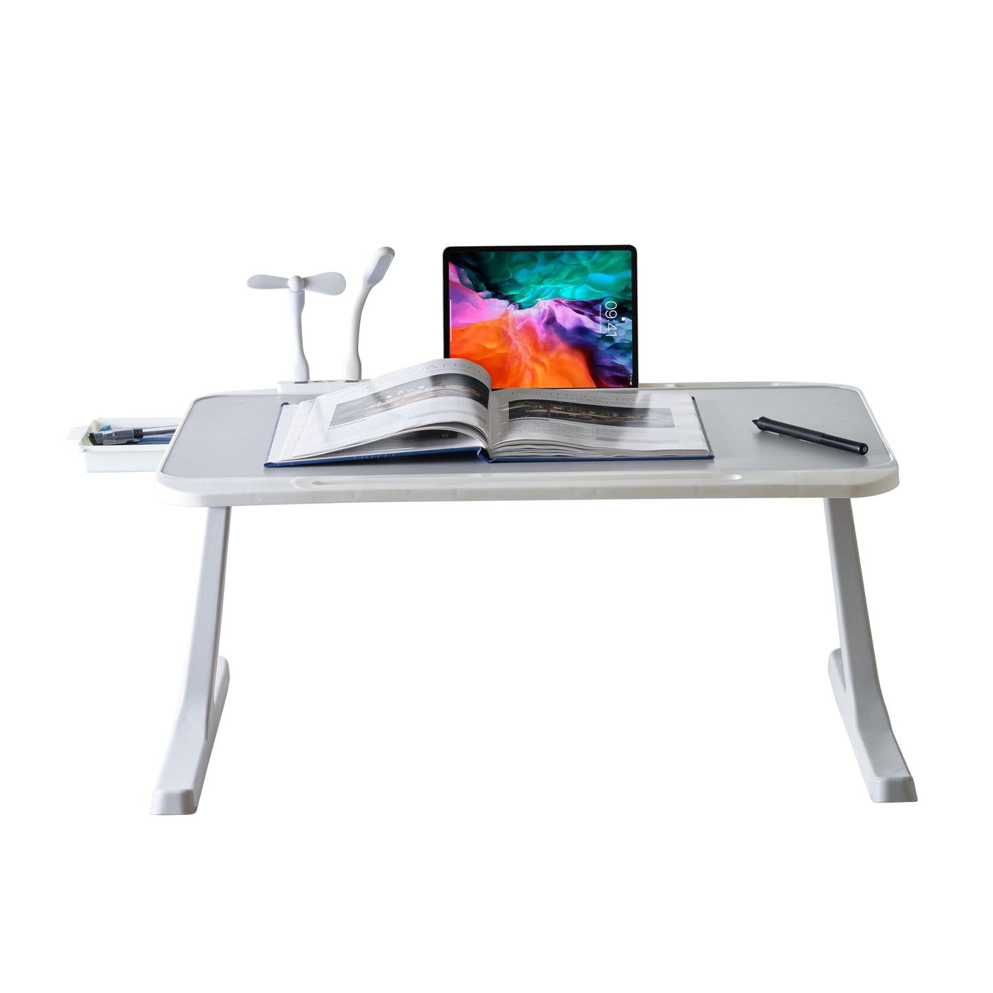 (OPEN BOX)GoRogue Laptop Table for Bed & Sofa, Foldable Desk with Cup Holder, Drawer & Built-in USB Hub with Free Mini Fan, LED Lamp (Black)