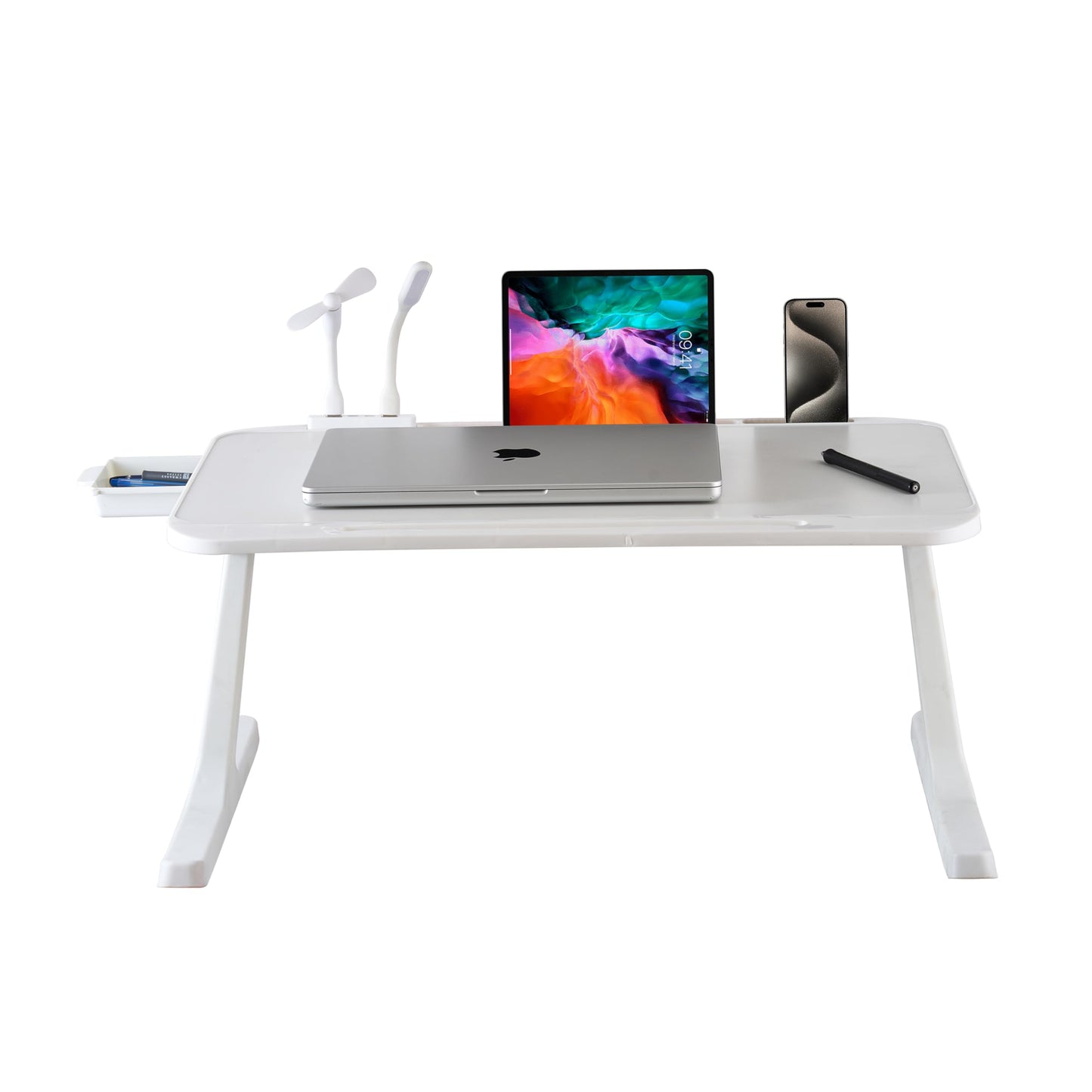 (OPEN BOX)GoRogue Laptop Table for Bed & Sofa, Foldable Desk with Cup Holder, Drawer & Built-in USB Hub with Free Mini Fan, LED Lamp (Black)