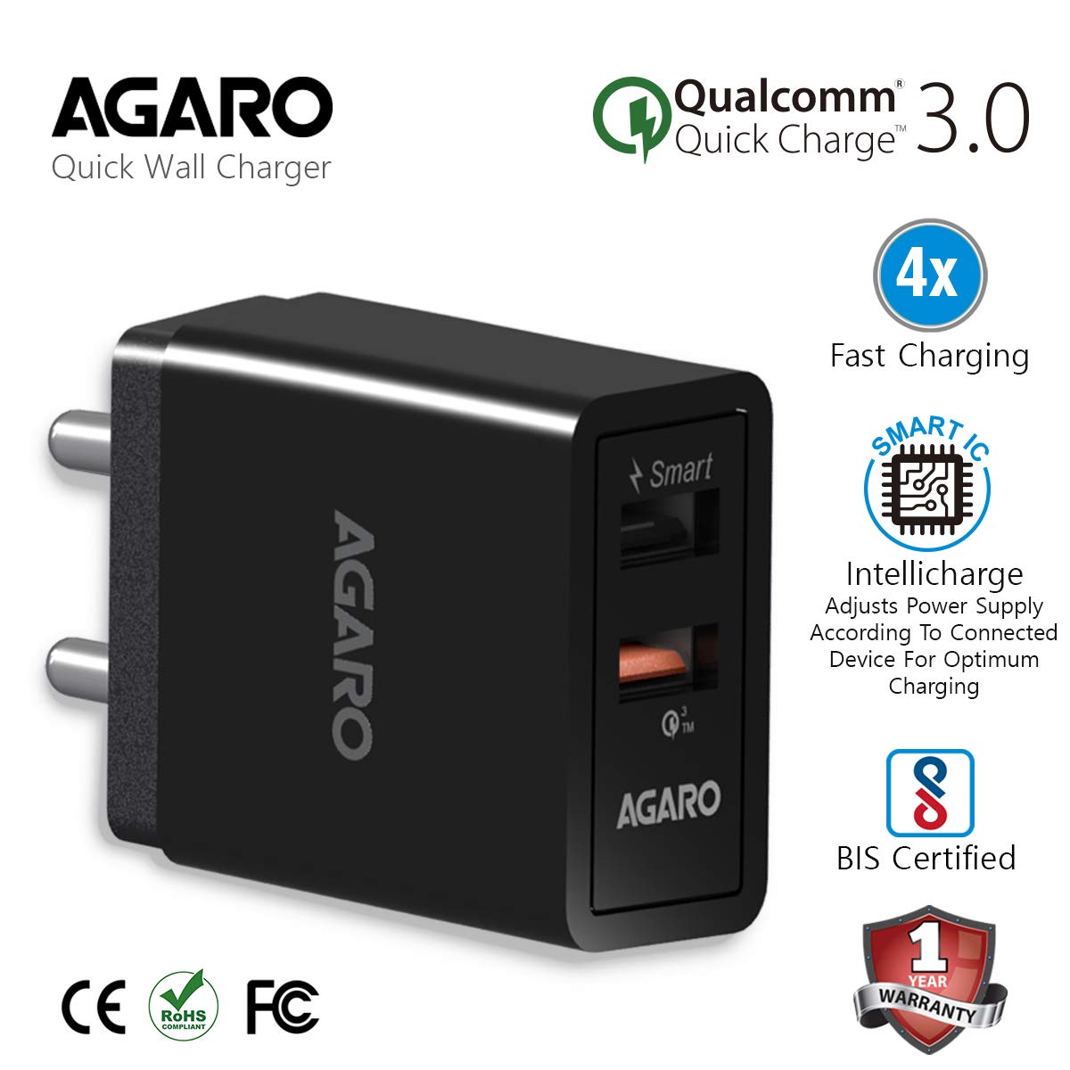 AGARO Blaze Qualcomm Certified Dual Port Quick Wall Charge Adapter 5.4A