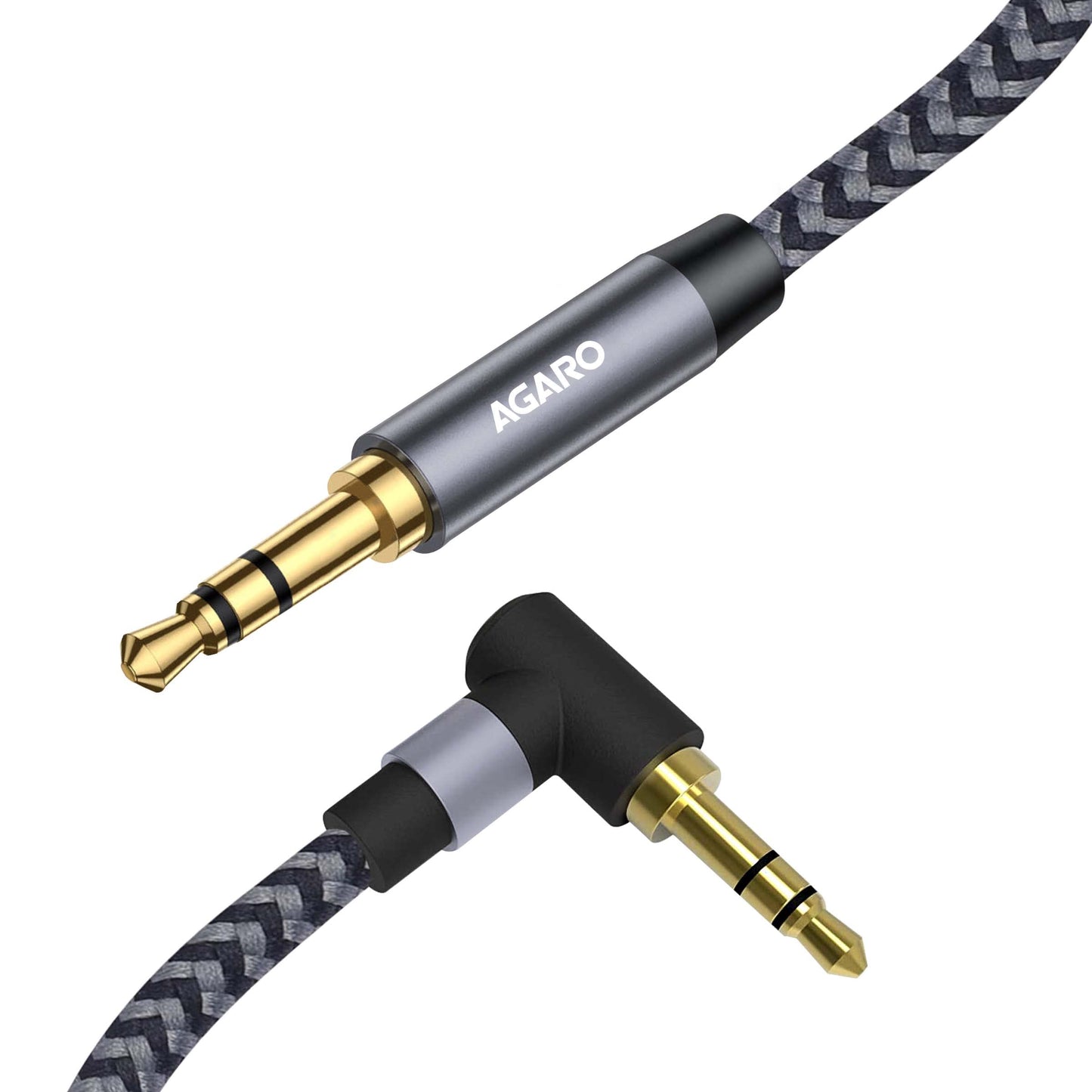 (Open Box) AGARO 3.5mm Audio Cable Stereo Aux 90 Degree Right Angle Aux Cable 24K Gold Plated Male to Male Hi-Fi Sound for Car,Home Stereos,Speakers,Tablets 2M/ 200CM/ 5.6 Ft,Silver & Black,33665
