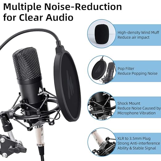 (Open Box) MAONO AU-A03 Condenser Microphone Kit Podcast Mic with Boom Arm Microphone Stand (Black)