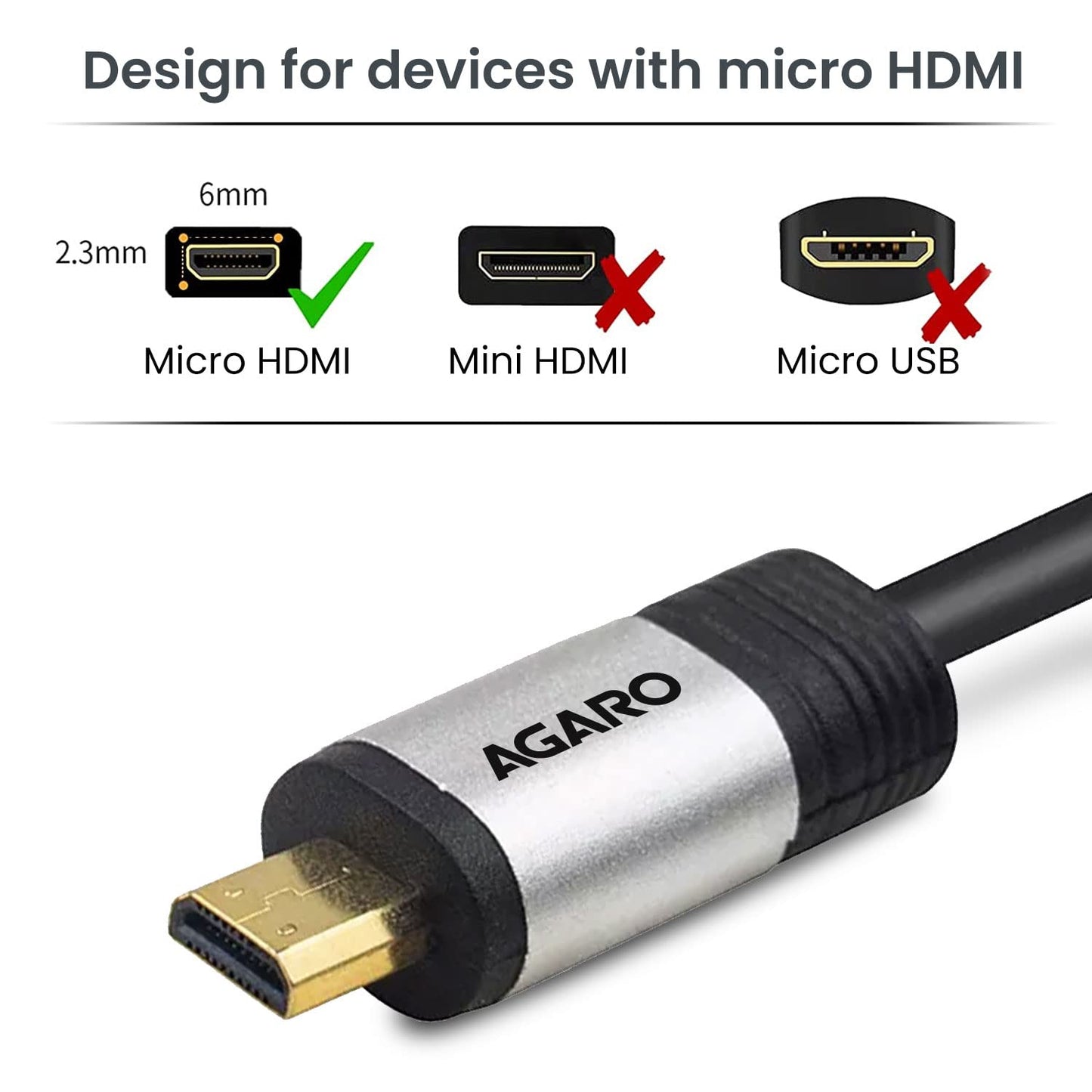 (Open Box) AGARO Micro HDMI to HDMI Cable Male to Female Micro HDMI adapter, Supports 4K, 3D, Silver