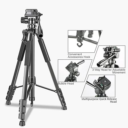 (Open Box) Adofys 70” Aluminium Camera Tripod with Travel Bag and Phone Holder |Operating Height: 70 inch | Maximum Load Capacity up to 5kg | Compatible with All Cameras, Cell Phones, Projector, Webcam