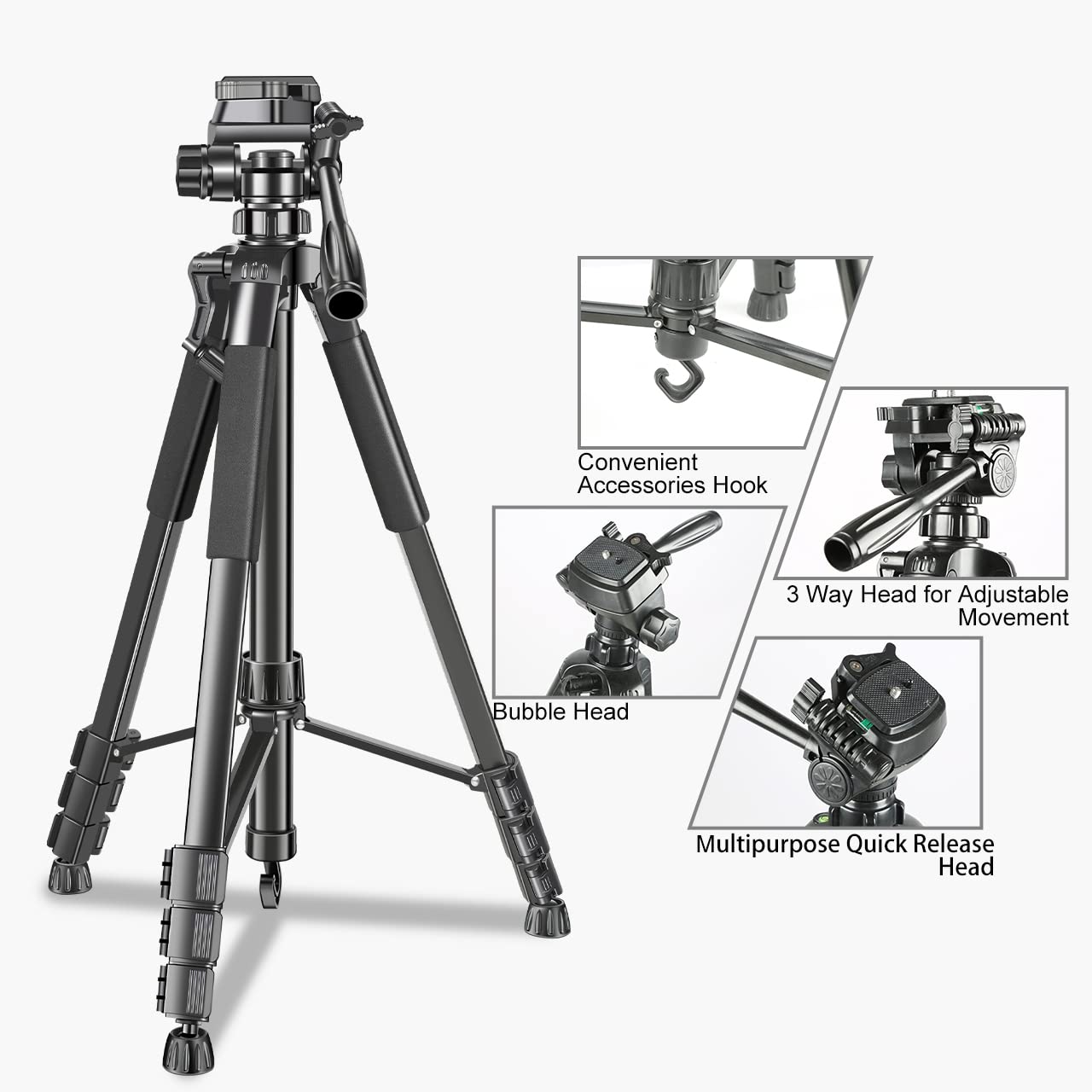 (Open Box) Adofys 70” Aluminium Camera Tripod with Travel Bag and Phone Holder |Operating Height: 70 inch | Maximum Load Capacity up to 5kg | Compatible with All Cameras, Cell Phones, Projector, Webcam