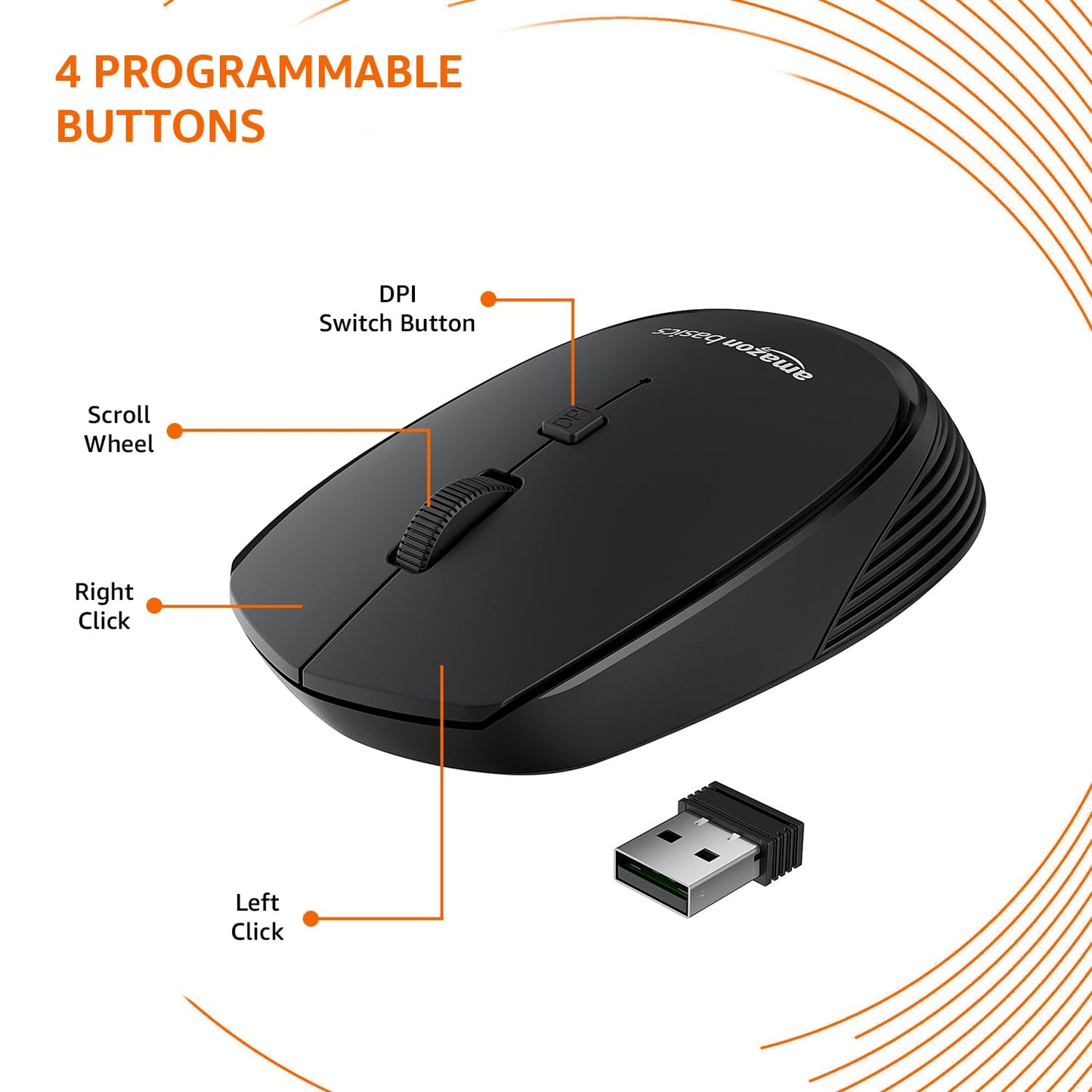 (Open Box) Amazon Basics Wireless Optical Mouse with 2.4Ghz, USB Nano Dongle, Optical Orientation, Click Wheel, Adjustable Dpi