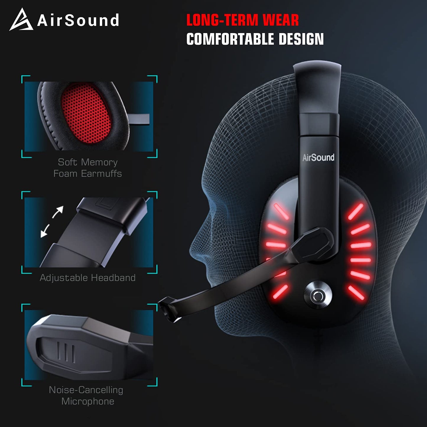 (Open Box) AirSound Gaming Over-Ear Headset Headphone| Red LED Lights| 7.1 Surround Sound| Noise Cancelling Mic| Volume Control, USB Interface for All Laptop (Alpha-2)