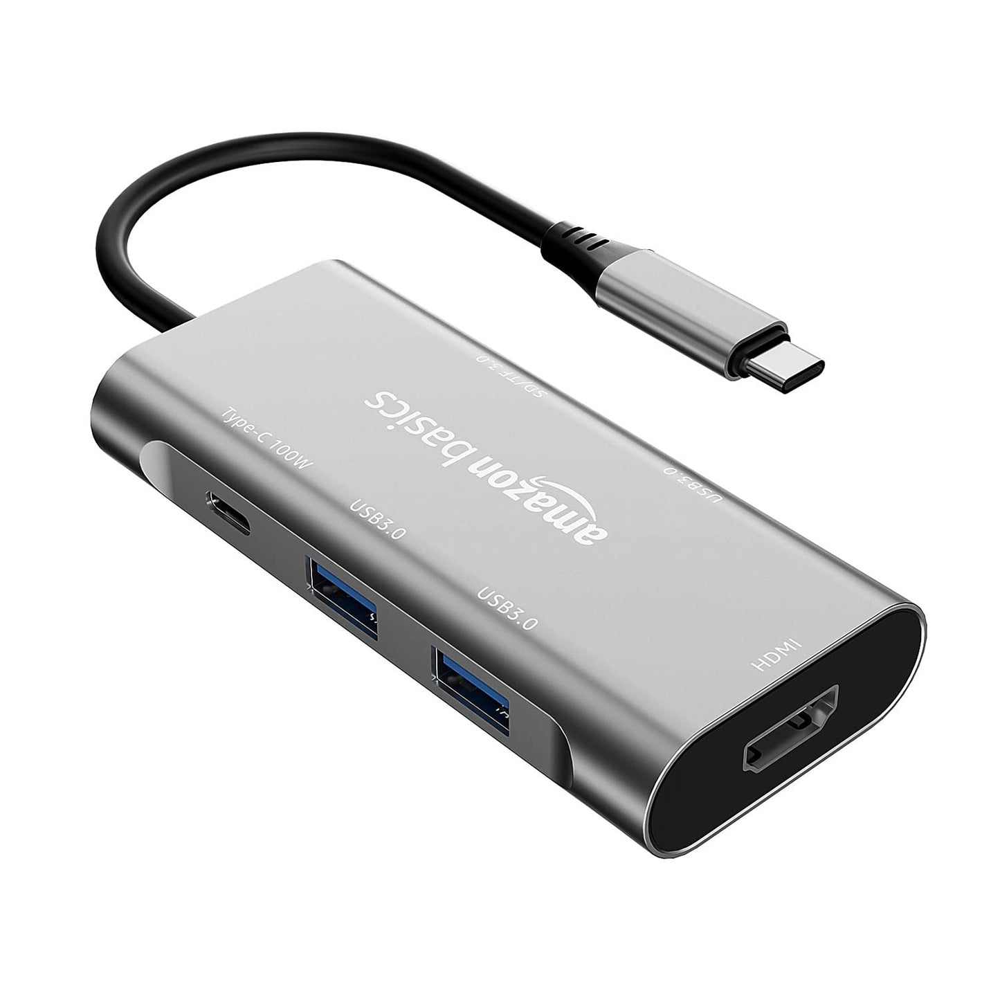 (Open Box) Amazon Basics USB-C Hub Dock 8-in-1 HDCP Aluminium Type-C Adapter with 4K HDMI Port, Ethernet 100mbps Port, USB 3.0 Port, USB-C Power Delivery, TF/SD Card Reader, Mac & Windows USB-C Devices