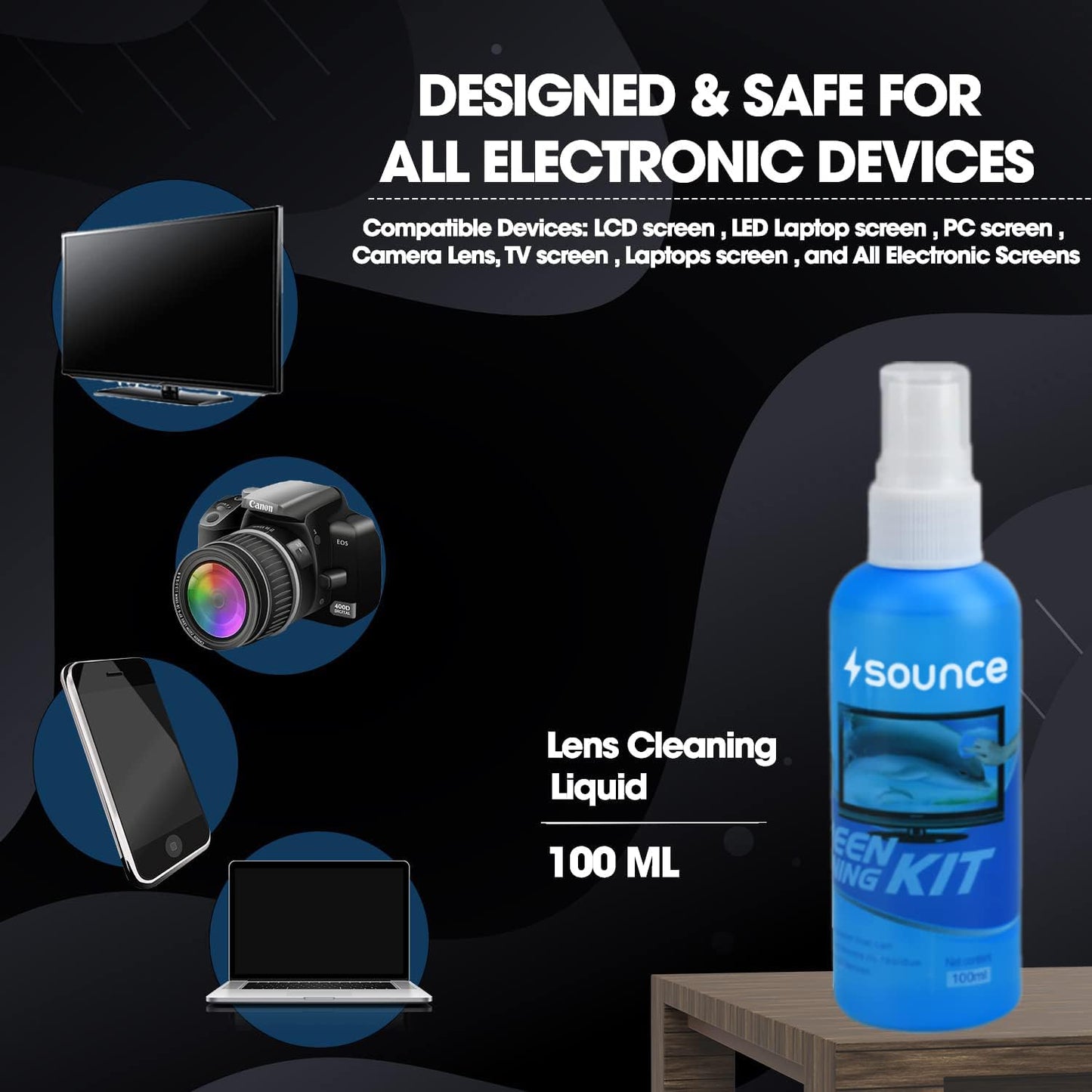 (open box)Sounce 2-in-1 Professional Screen Cleaning Kit Non-Toxic, Anti-Static for Camera, Lens, Binocular, Laptop, TV, Monitor, Smartphone, Tablet (Includes: Cleaning Liquid 500ml, Plush Microfiber Cloth)