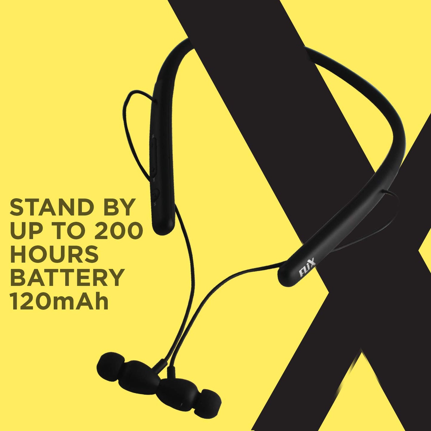 (Open Box) FLiX (Beetel Blaze 200 Wireless Bluetooth in Ear Collar Neckband Earphones with mic and Vibration Alert,Extra Thumping Super Bass,Upto 200H Stand by, Premium Metal Magnetic Tips (Black)(XNB-N105)