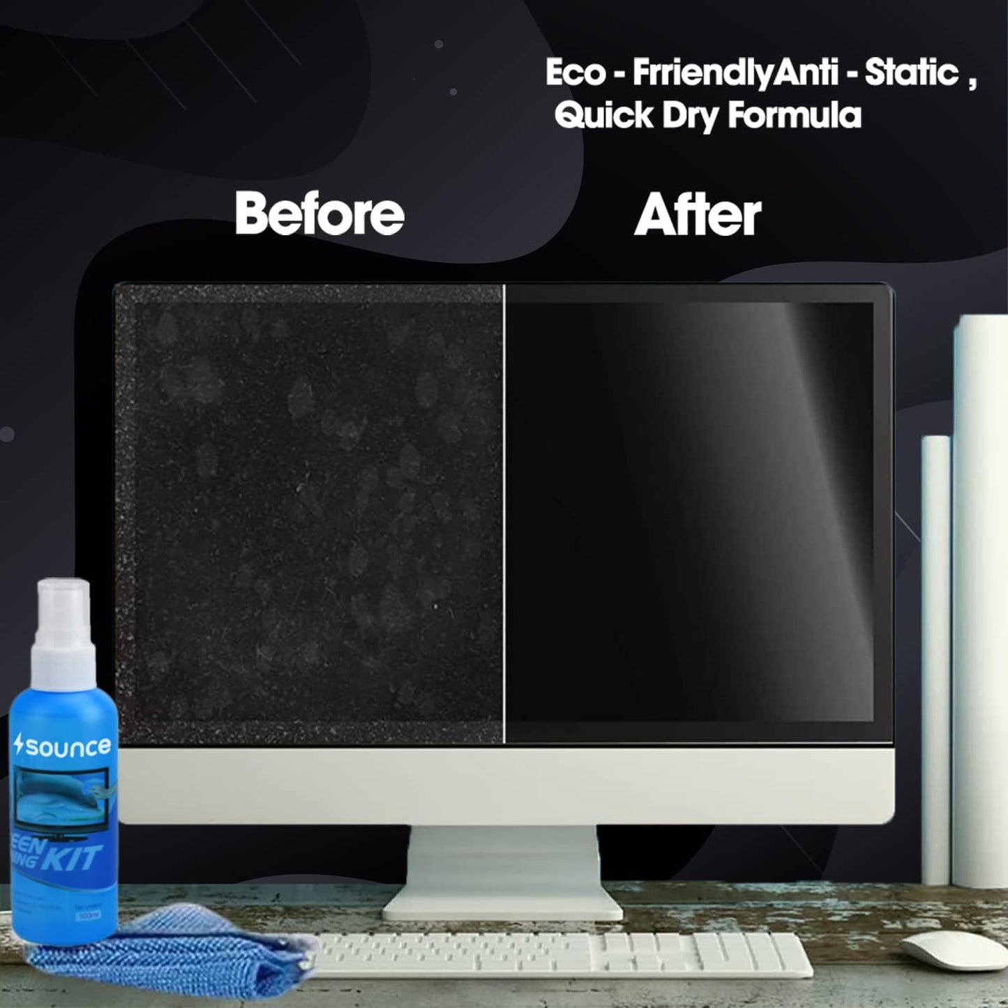 (open box)Sounce 2-in-1 Professional Screen Cleaning Kit Non-Toxic, Anti-Static for Camera, Lens, Binocular, Laptop, TV, Monitor, Smartphone, Tablet (Includes: Cleaning Liquid 500ml, Plush Microfiber Cloth)