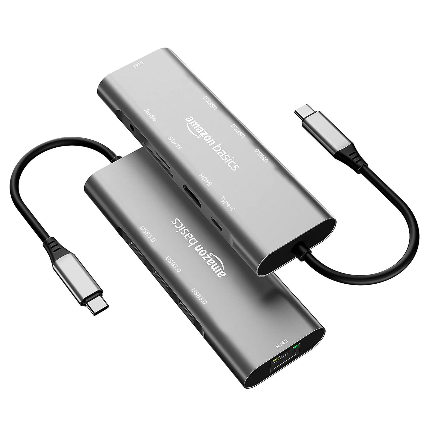 (Open Box) Amazon Basics USB-C Hub Dock 8-in-1 HDCP Aluminium Type-C Adapter with 4K HDMI Port, Ethernet 100mbps Port, USB 3.0 Port, USB-C Power Delivery, TF/SD Card Reader, Mac & Windows USB-C Devices