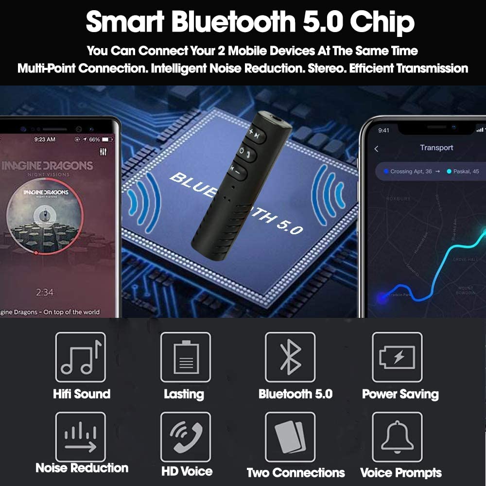 (Open Box) Sounce Bluetooth 5.0 Receiver for Car, Noise Cancelling Bluetooth AUX Adapter, Bluetooth Music Receiver for Home Stereo/Wired Headphones/Hands-Free Call, 16H Battery Life