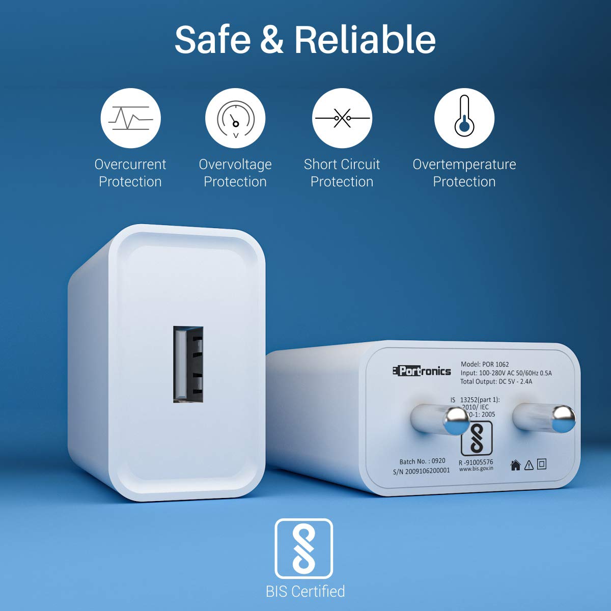 (Open Box) Portronics Adapto 62 POR-1062 USB Wall Adapter with 2.4A Fast Charging Single USB Port Without Cable for All iOS & Android Devices (White)