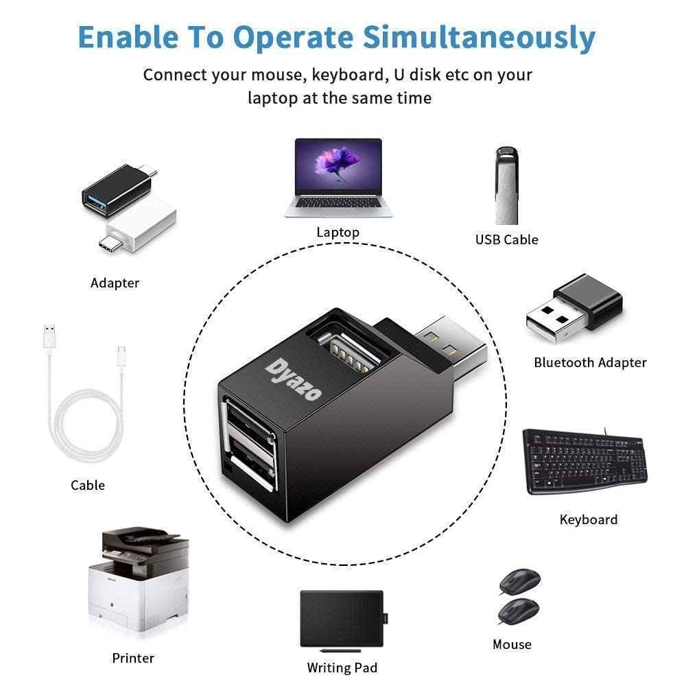 (Open Box)Dyazo 3-Port USB Data Hub High Speed Splitter Plug/Box/Adapter Expansion, Small, Compact, Universal Data Transfer, Wide Compatibility: Windows, Mac OS (Black)