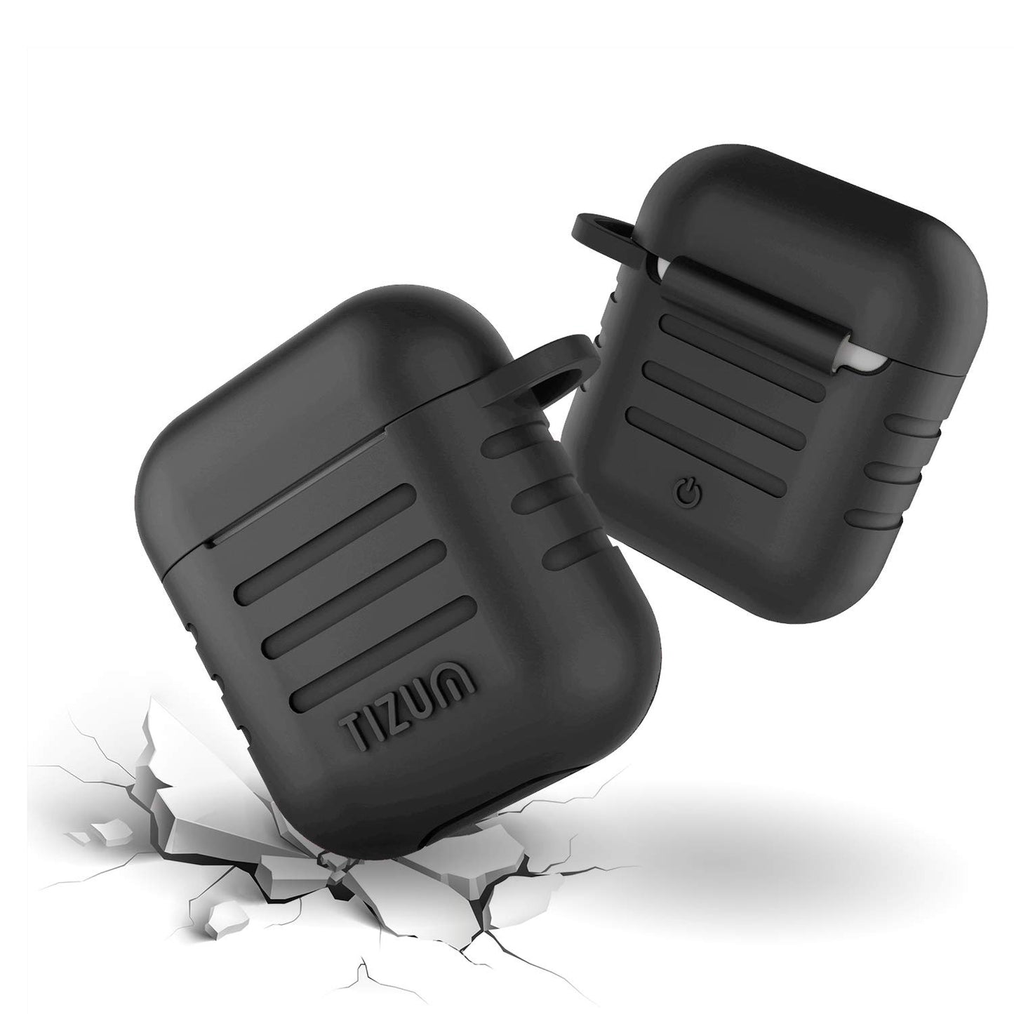 (Open Box) Tizum Apple AirPods Case Silicone-Shockproof Case Cover with Carabiner Hook for AirPod 2 | Black