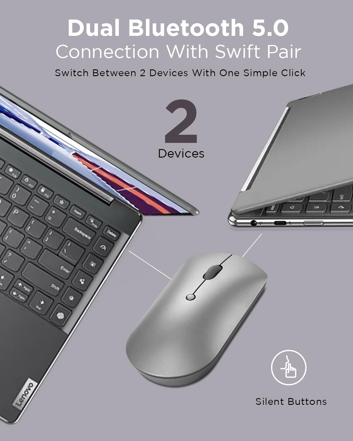 (Open Box) Lenovo 600 Bluetooth 5.0 Silent Mouse: Compact, Portable, Dongle-Free Multi-Device connectivity with Microsoft Swift Pair | 3-Level Adjustable DPI up to 2400 | Battery Life: up to 1 yr