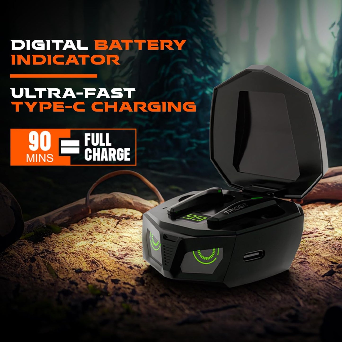 (OPEN BOX) TRIGGR Kraken X1 with Battery Display, 40ms Latency, Quad Mic ENC, 40 Hr Battery, v5.3 Bluetooth Headset (Black, True Wireless)