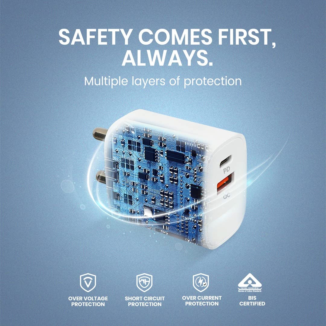 (Open Box) FLiX (Beetel) Storm 33W PD & QC Dual Port Wall Charger,USB Type A & Type C Output Widely Compatible for All Android & IOS Devices,Enhanced Safety,Light Weight & Compact,with Type C Cable (White–SD133)