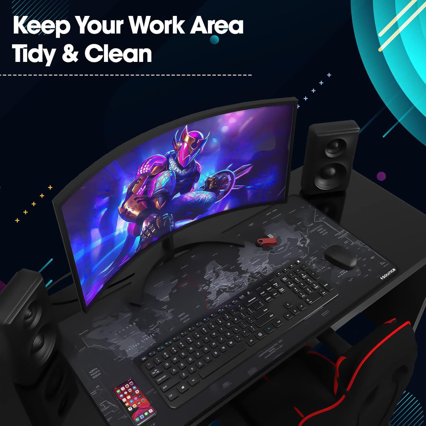 (Open Box) Sounce Mouse Pad Advanced Formula Rubber Extended Gaming Mouse Pad with Smooth Mouse Control Mercerized Surface Anti-fray Edges and Anti Slip Rubber Base Dimensions 800L x 300B x 2H mm (Black)