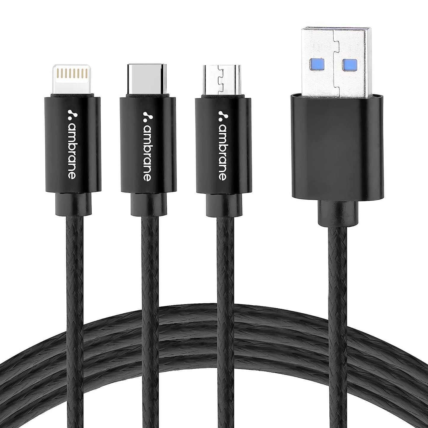 (Open Box) Ambrane Unbreakable 3 in 1 USB Fast Charging Cable with Type C, Lightning, Micro USB Port with 2.1 A, Compatible with iPhone, iPad, Samsung, OnePlus, Mi, Oppo, Vivo, Xiaomi, 1.25M (Trio-11, Black)