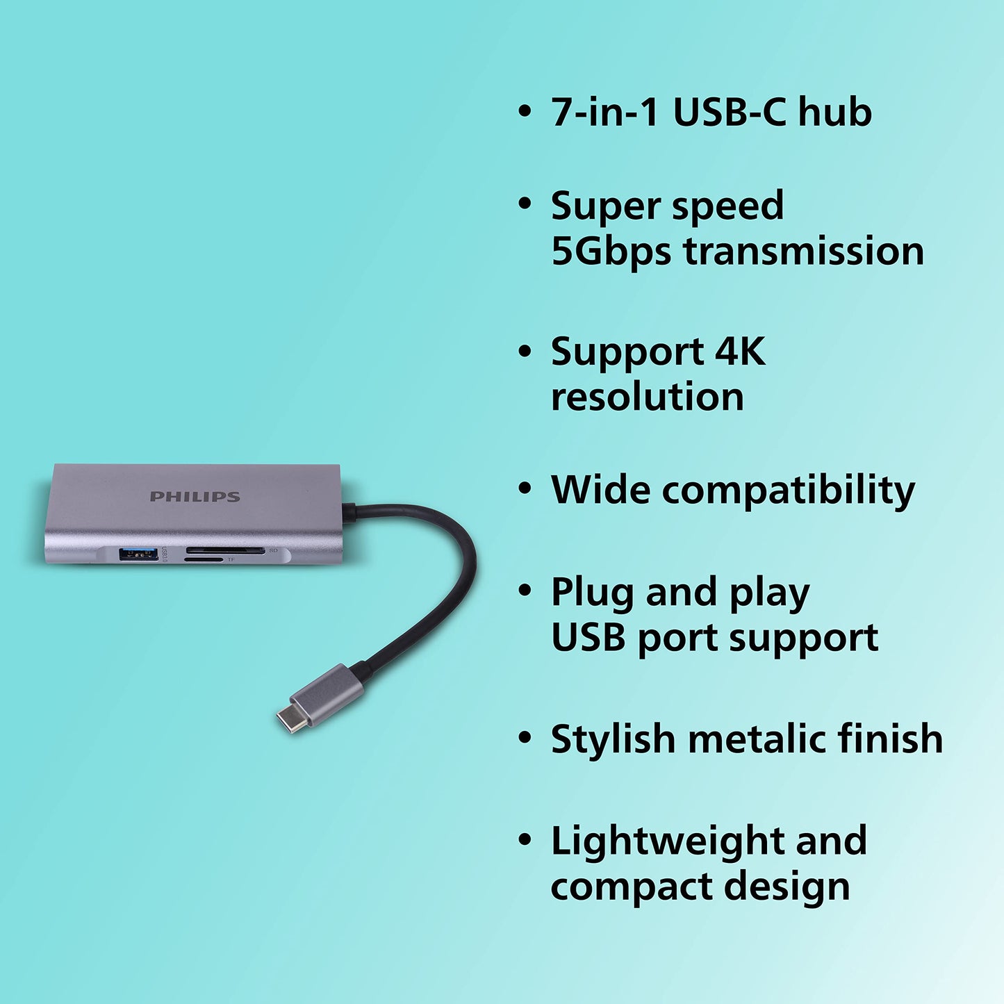 (Open Box) PHILIPS 7 in 1 USB Type C to HDMI 4K 30Hz + 3 x USB A + PD (max 60W) + Micro SD Card Slot + SD Card Slot Dock Adapter for MacBook, Windows OS, iPad, Chromebook, Surface, Android Type C Port Devices