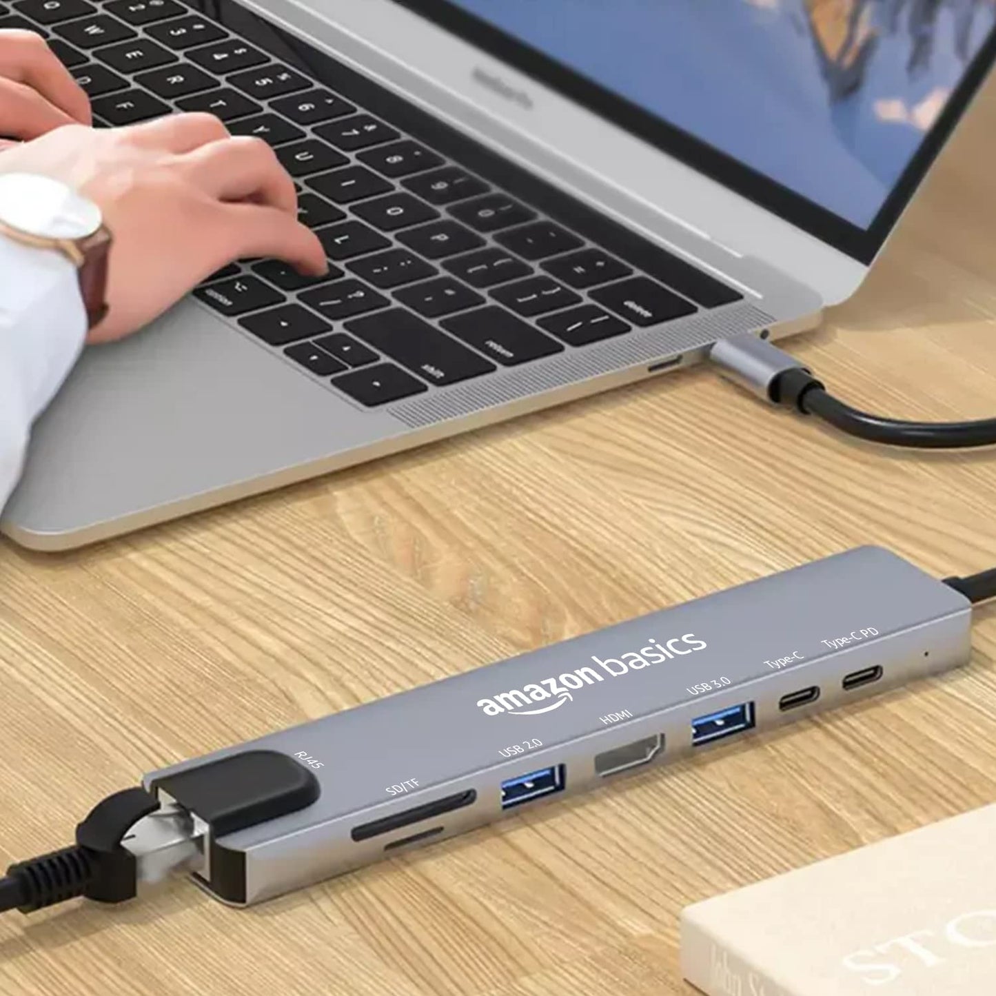 (Open Box) Amazon Basics USB-C Hub Dock 8-in-1 HDCP Aluminium Type-C Adapter with 4K HDMI Port, Ethernet 100mbps Port, USB 3.0 Port, USB-C Power Delivery, TF/SD Card Reader, Mac & Windows USB-C Devices