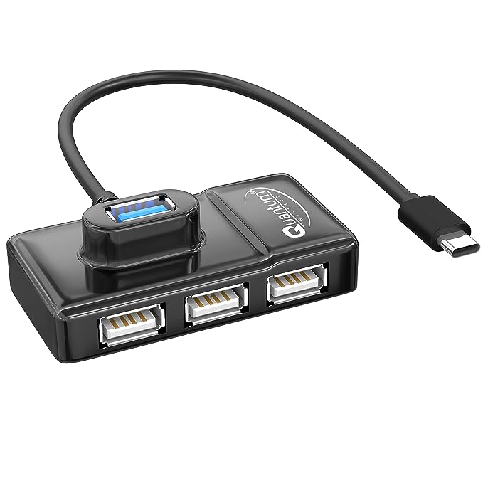 (Open Box) Quantum 4 Port USB C hub (Type C to 4 USB-A Ports), 1 Port 3.0 & 3 Port 2.0 High Speed Data Transfer, Plug Play Usage, Compatible with Laptop, MacBook, PC and Other Type-C Devices, QHM7532 (Black)