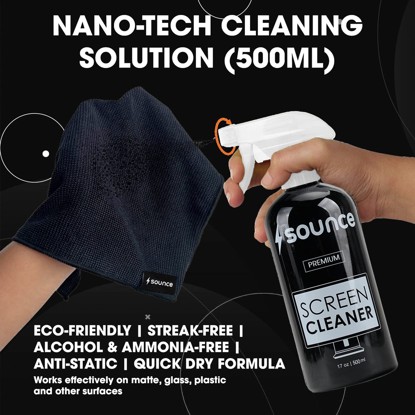 (open box)Sounce 2-in-1 Professional Screen Cleaning Kit Non-Toxic, Anti-Static for Camera, Lens, Binocular, Laptop, TV, Monitor, Smartphone, Tablet (Includes: Cleaning Liquid 500ml, Plush Microfiber Cloth)