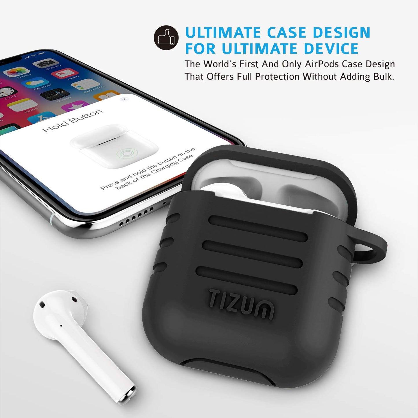(Open Box) Tizum Apple AirPods Case Silicone-Shockproof Case Cover with Carabiner Hook for AirPod 2 | Black
