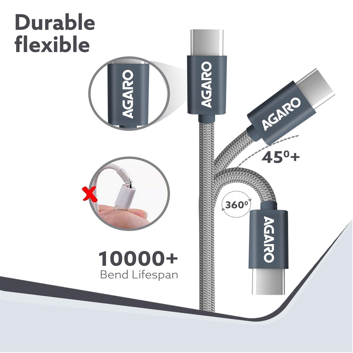 (Open Box) AGARO USB A to Type C Cable 1 Meter / 3.2 Ft Nylon Braided Cable, Fast Charge, Power Delivery Charging Cord, Compatible with Most Type C Smartphone Devices - Grey.