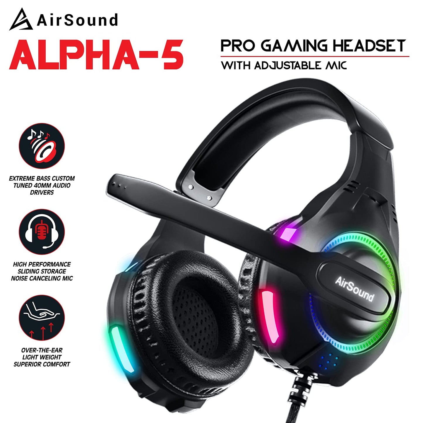 (Open Box) AirSound Alpha-5 Stereo Gaming Headset for Noise Cancelling Over-Ear Headphones with Mic, RBG LED, Bass Surround, Soft Memory Earmuffs for All Laptop