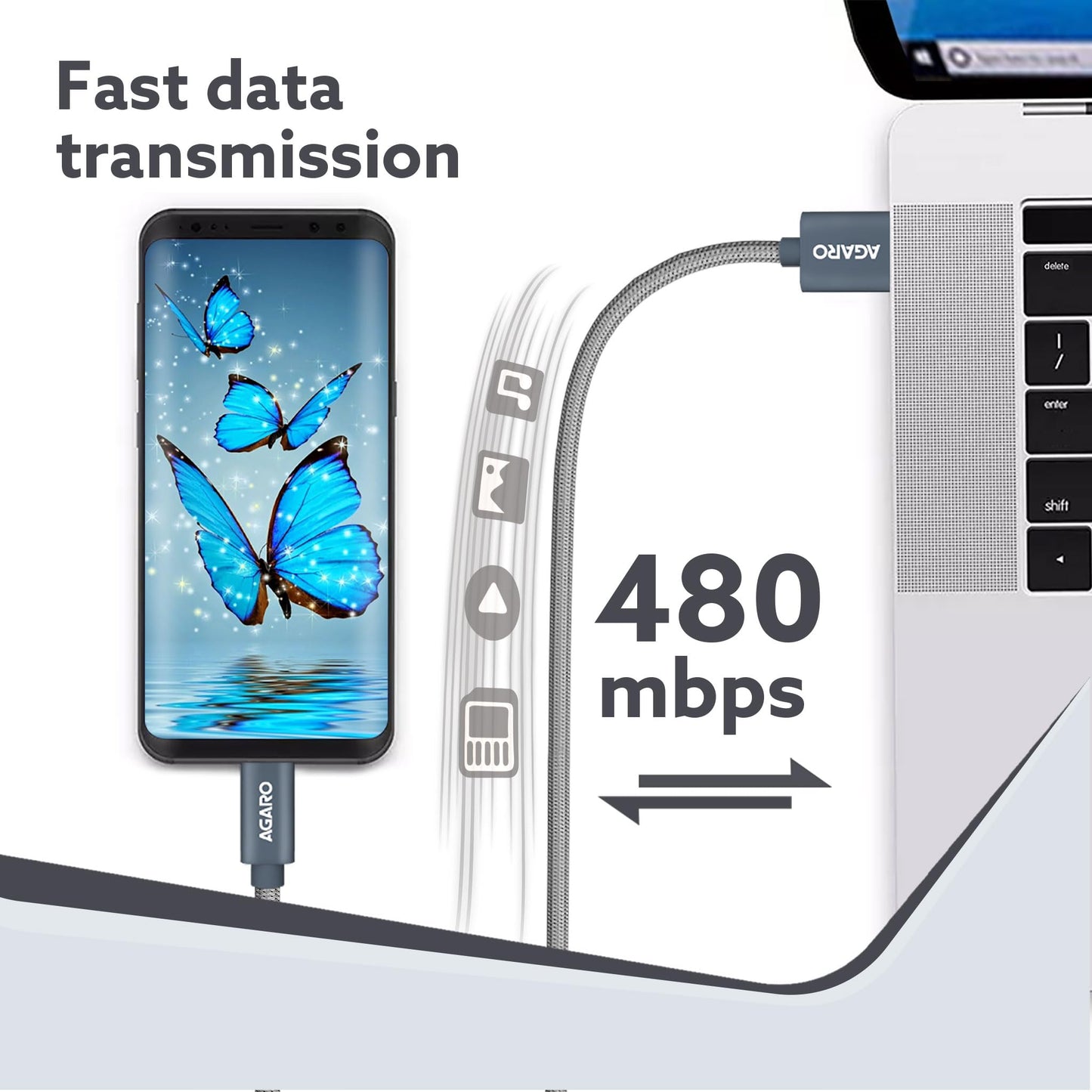 (Open Box) AGARO USB A to Type C Cable 1 Meter / 3.2 Ft Nylon Braided Cable, Fast Charge, Power Delivery Charging Cord, Compatible with Most Type C Smartphone Devices - Grey.