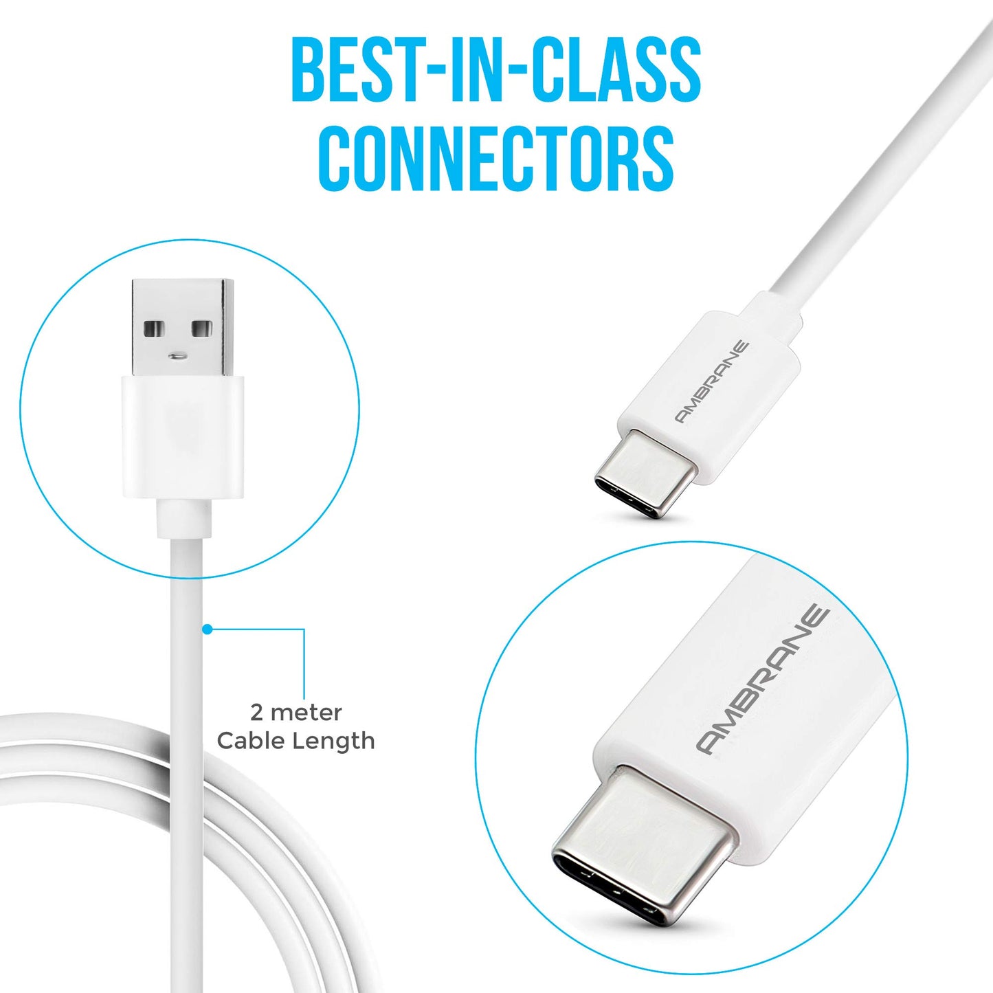 (Open Box) Ambrane ACT-2 2.4A Type C to USB A Fast Charging Cable for Type C Mobiles (2 Meter, 6.6 Feet) (White)