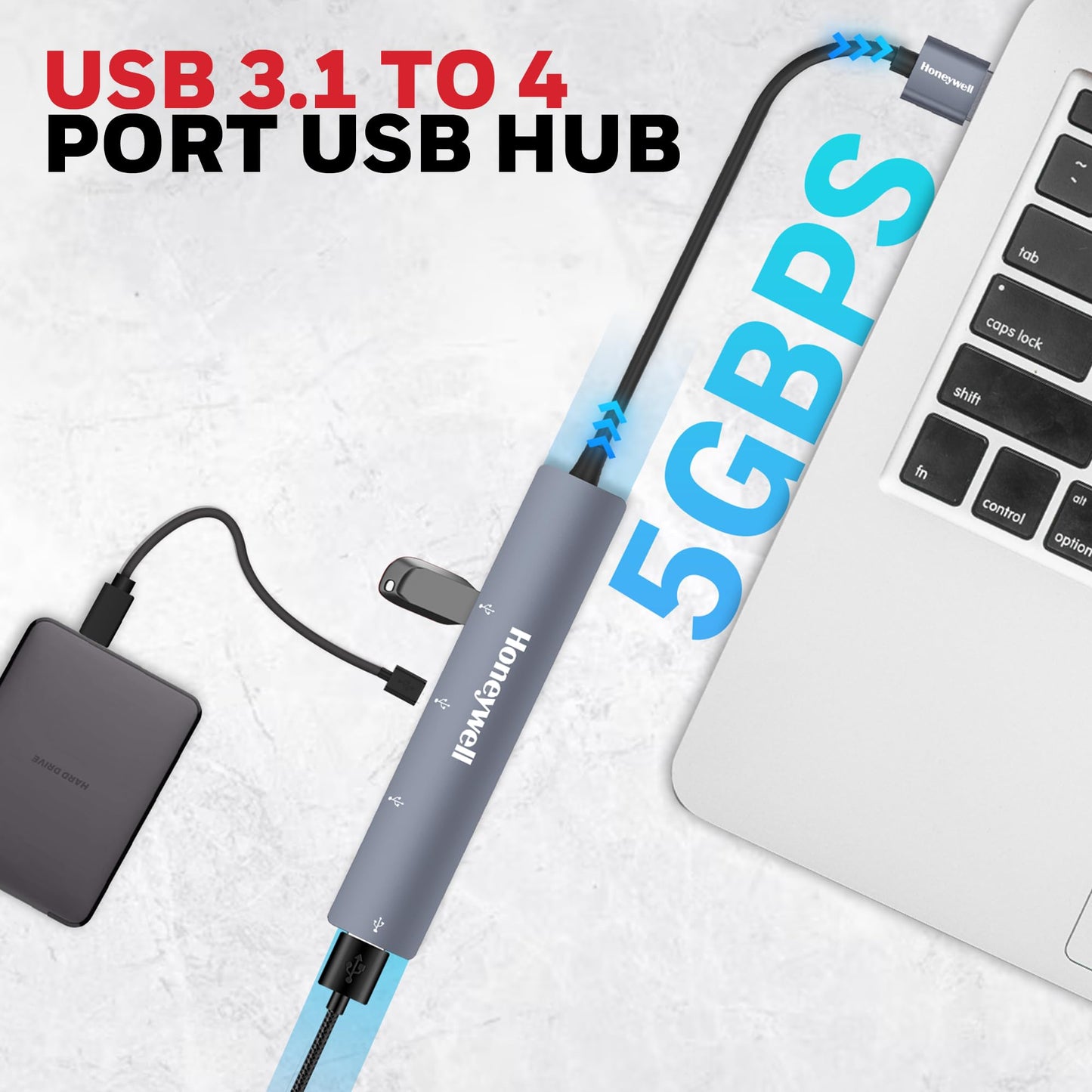 (Open Box) Honeywell Newly Launched 4in1 Ultra Slim Multiport Type C Hub to 1xUSB 3.0 & 3xUSB 2.0 Ports,30cms(1 feet) Cable,DataTransfer Speed Upto 5GBPS,Universally Compatible with All USB,PC,Speaker,Laptop
