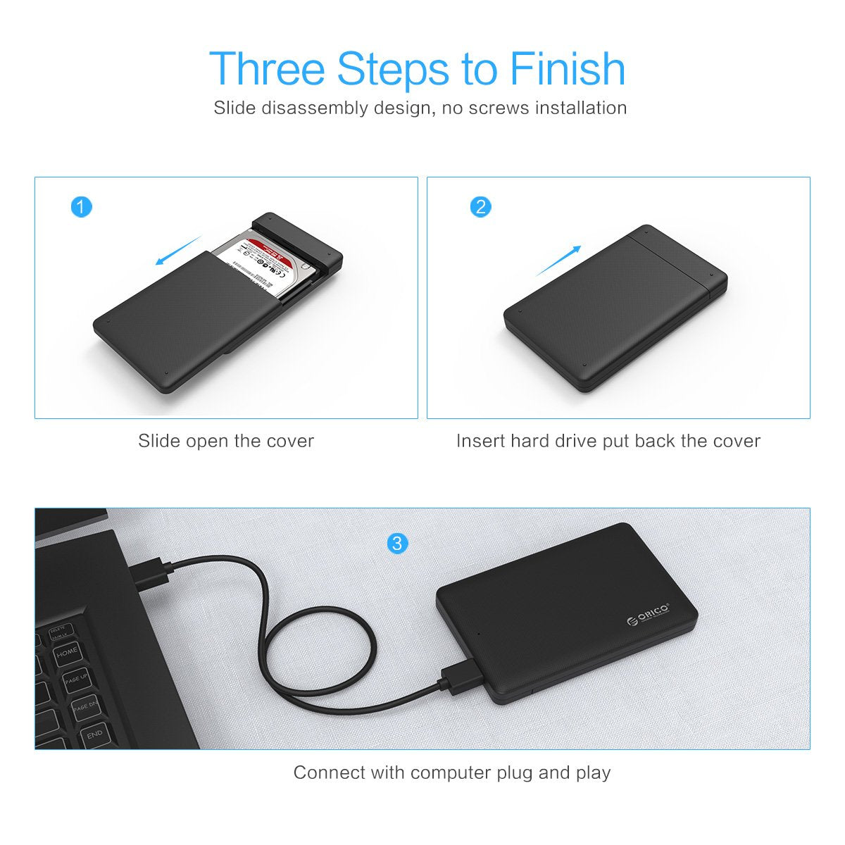 (Open Box) Orico 2.5"(6.3cm) USB 3.0 HDD Enclosure Case Cover for SATA SSD HDD | SATA SSD HDD Enclosure High Speed USB 3.0 | Tool Free Installation | Black