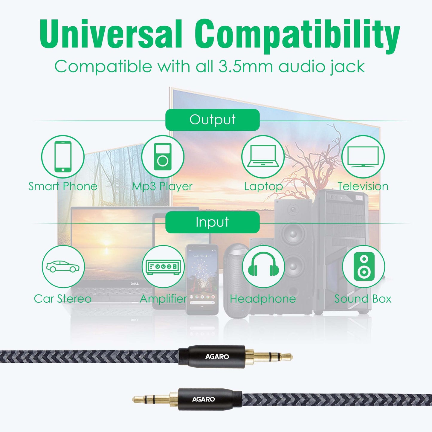 (Open Box) AGARO 3.5mm Audio Cable Stereo Aux 90 Degree Right Angle Aux Cable 24K Gold Plated Male to Male Hi-Fi Sound for Car,Home Stereos,Speakers,Tablets 2M/ 200CM/ 5.6 Ft,Silver & Black,33665