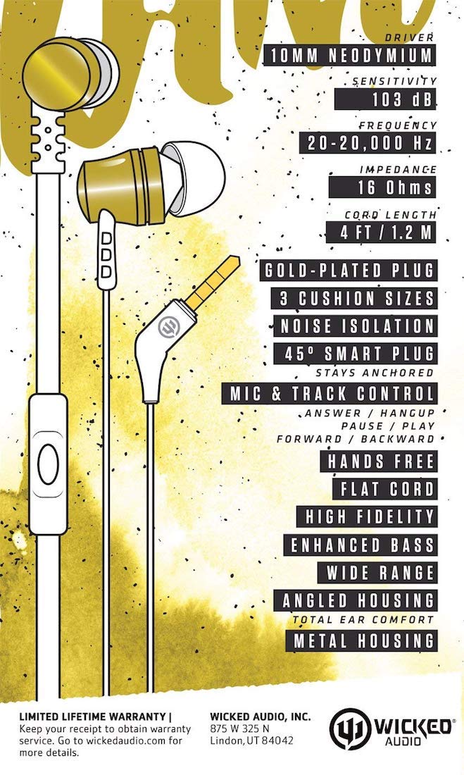 (Open Box) Wicked Audio WI-1053 Drive 1000cc in-Ear Headphones with mic (Gold)