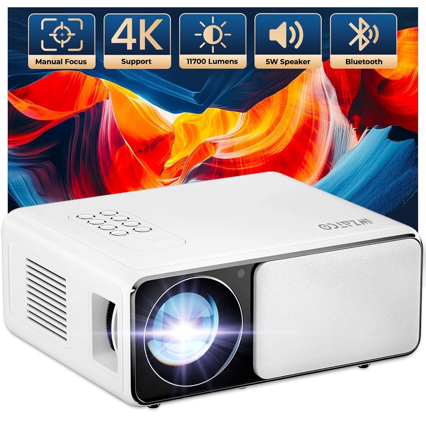 (Open Box) WZATCO Yuva Plus (Upgraded) Native 1080P Full HD Projector with 4K Support, 11700 Lumens, 250" Screen | 5 Watt HiFi Speaker, Bluetooth 5.1 | Slide Lens Door, White
