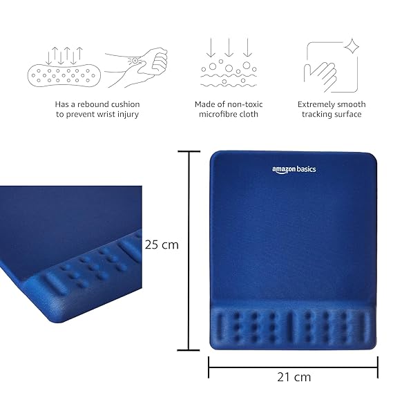 (Open Box) Amazon Basics Gel Mouse Pad Wrist Rest Memory-Foam Ergonomic Design | Cushion Wrist Support & Pain Relief | Suitable for Gaming, Computer, Laptop, Home & Office Anti-Slip Rubber Base (Blue)
