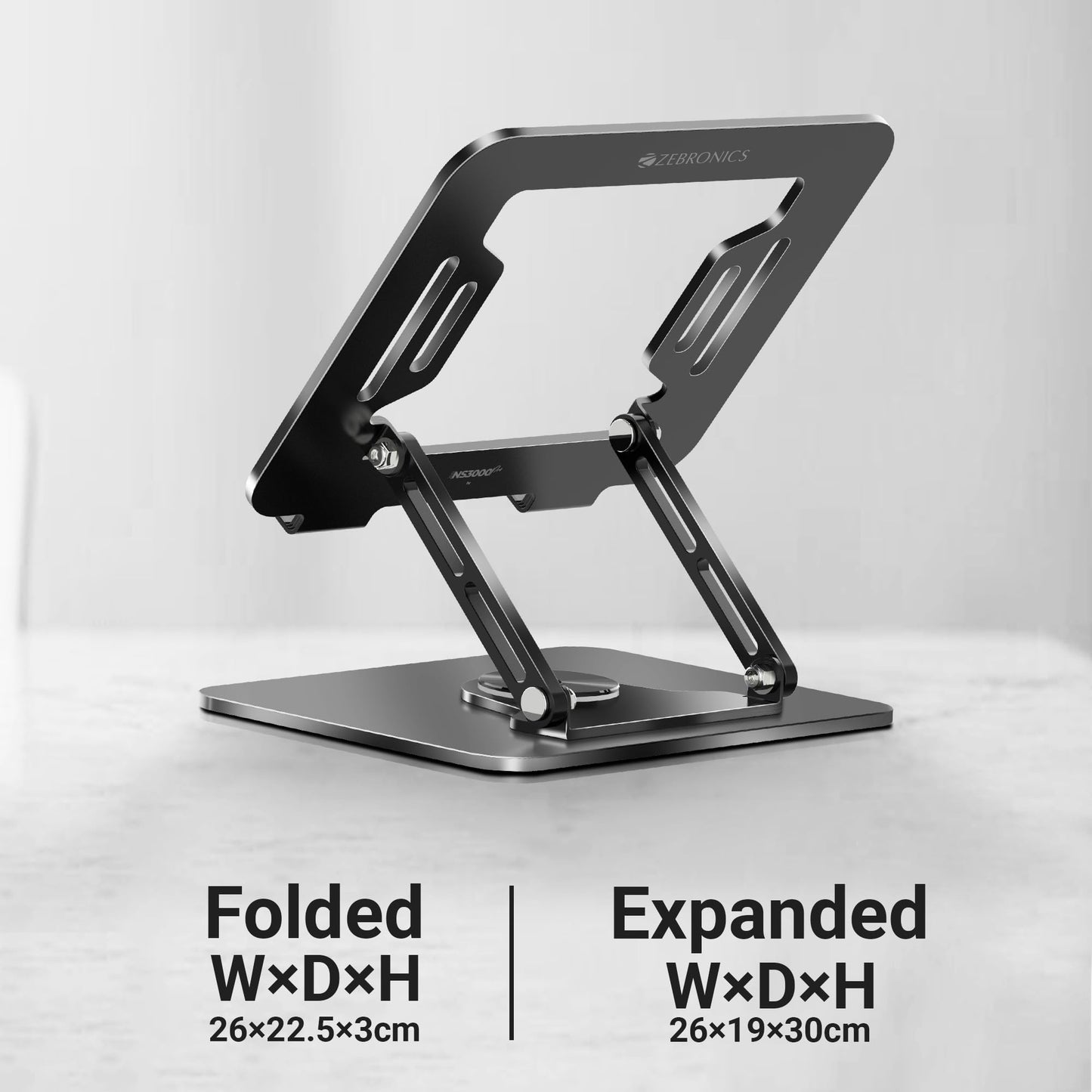 (OPEN BOX0)Zebronics NS3000 Portable Laptop & Tablet Stand Supports Upto 17” with Max. 5KG Support, Anti-Slip Silicone Pads, Foldable Design, Multi Angle Adjustment, Carbon Steel Body