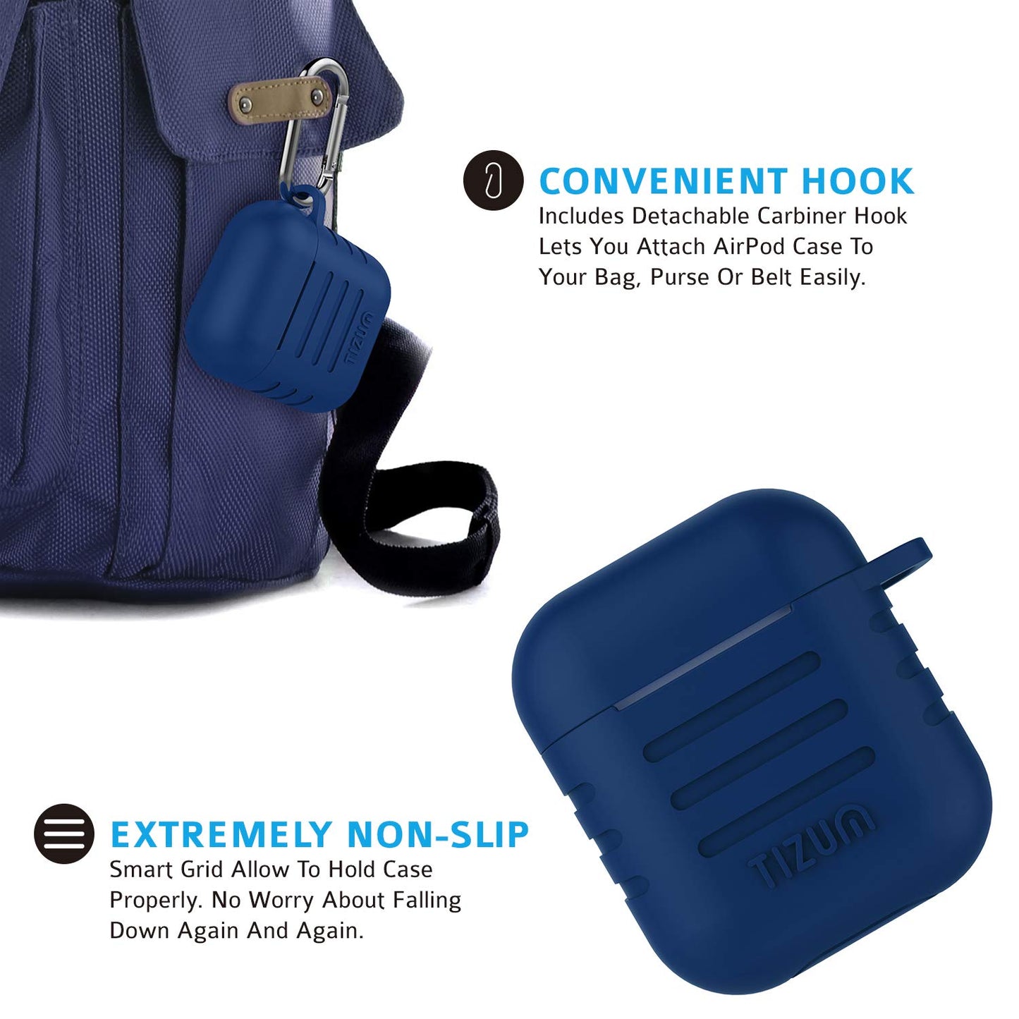 (Open Box) tizum Apple AirPods Case, Silicone-Shockproof Headphones Case Cover with Carabiner Hook for AirPod (Blue)