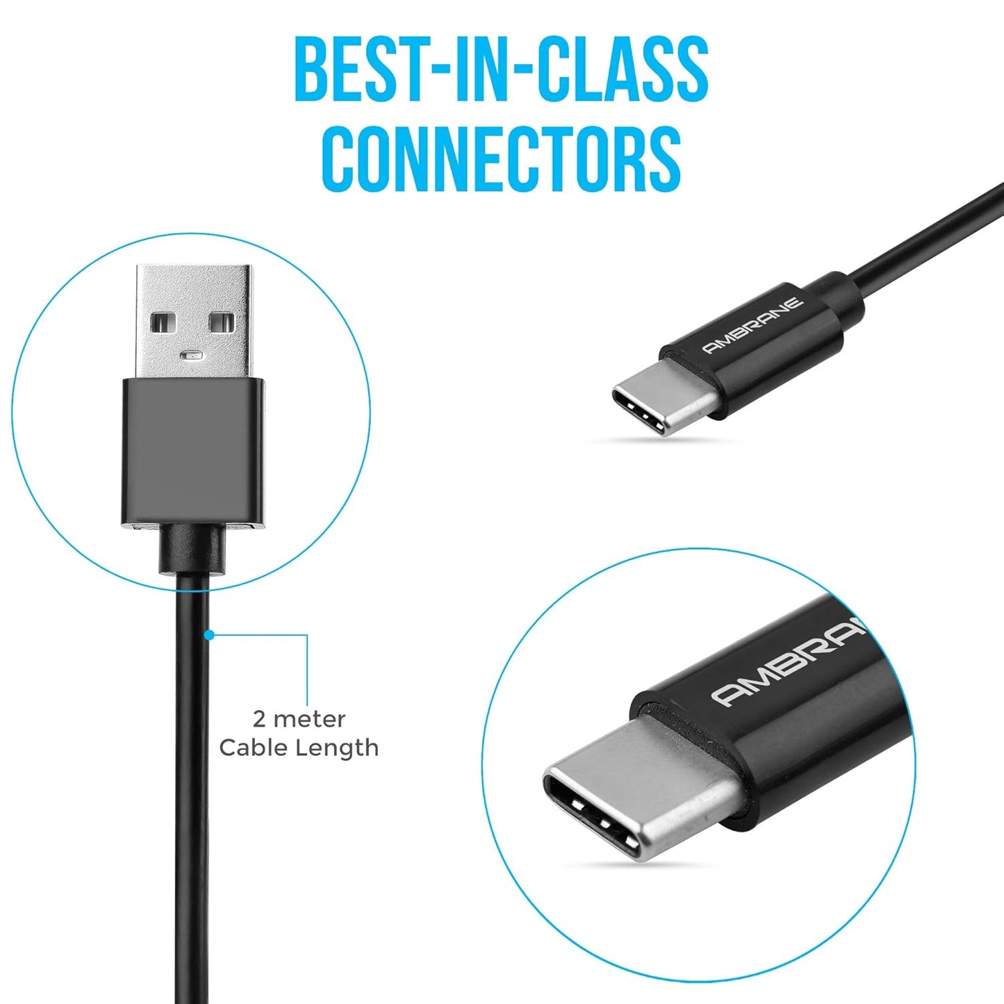 (Open Box) Ambrane ACT-2 2.4A Type C to USB A Fast Charging Cable for Type C Mobiles (2 Meter, 6.6 Feet) (White)