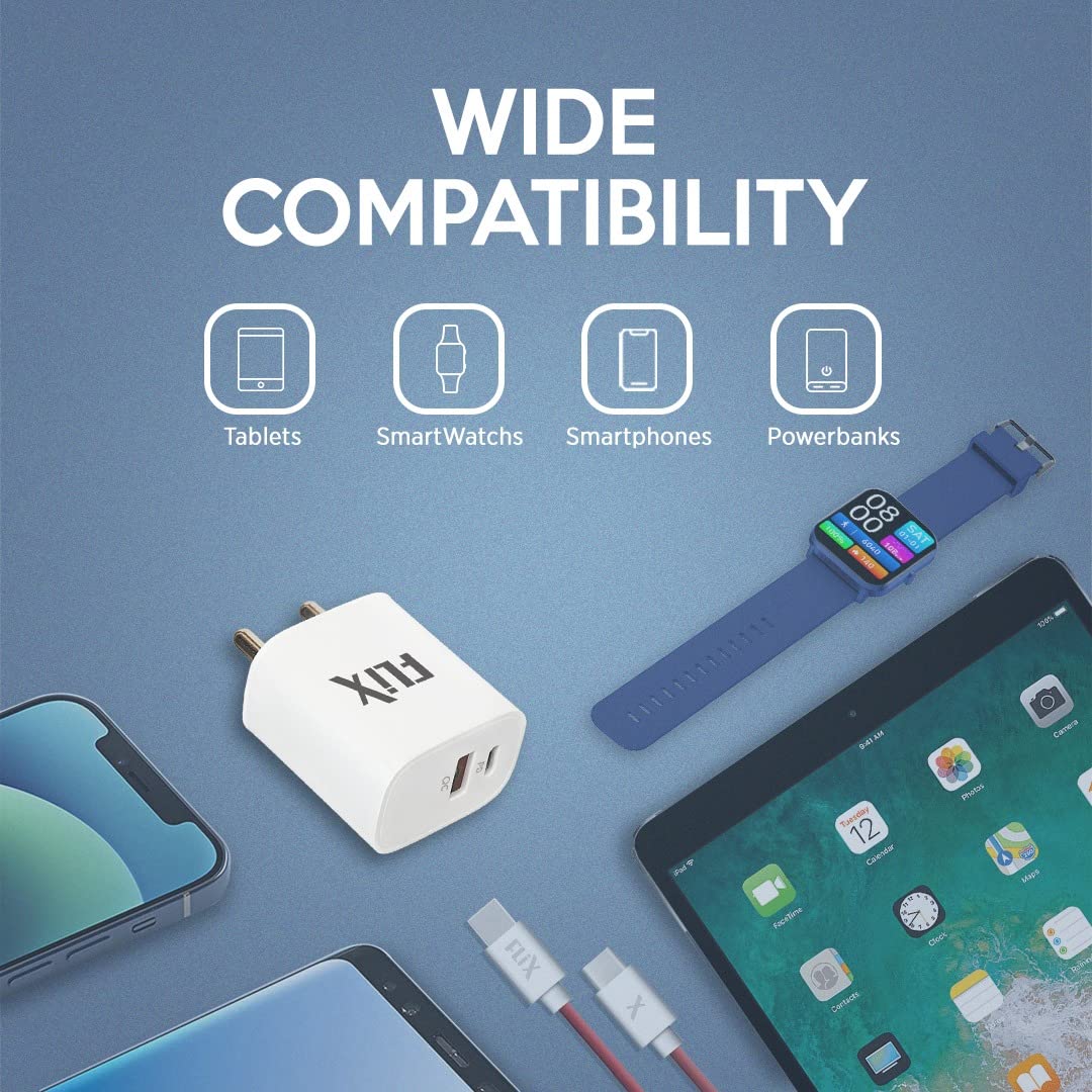 (Open Box) FLiX (Beetel) Storm 33W PD & QC Dual Port Wall Charger,USB Type A & Type C Output Widely Compatible for All Android & IOS Devices,Enhanced Safety,Light Weight & Compact,with Type C Cable (White–SD133)