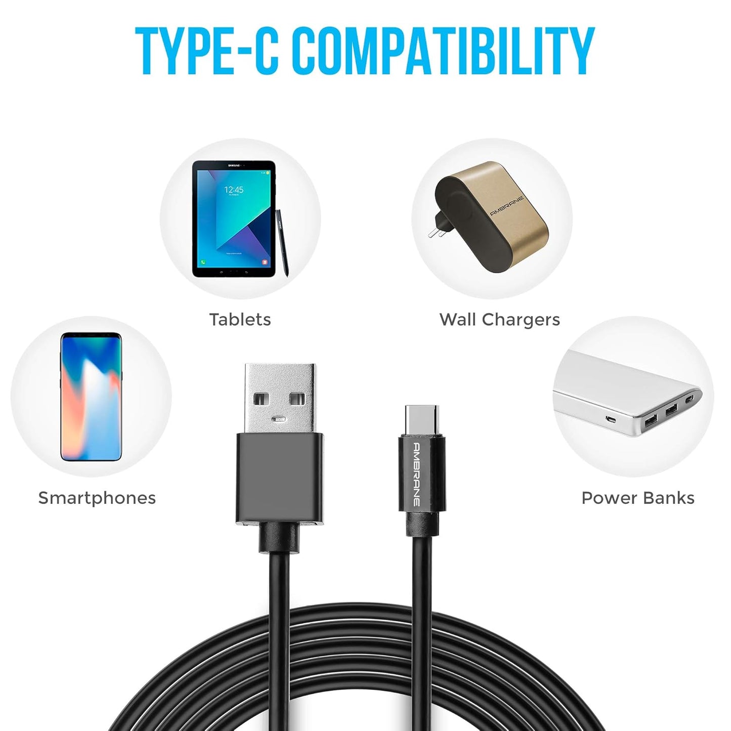 (Open Box) Ambrane ACT-2 2.4A Type C to USB A Fast Charging Cable for Type C Mobiles (2 Meter, 6.6 Feet) (White)