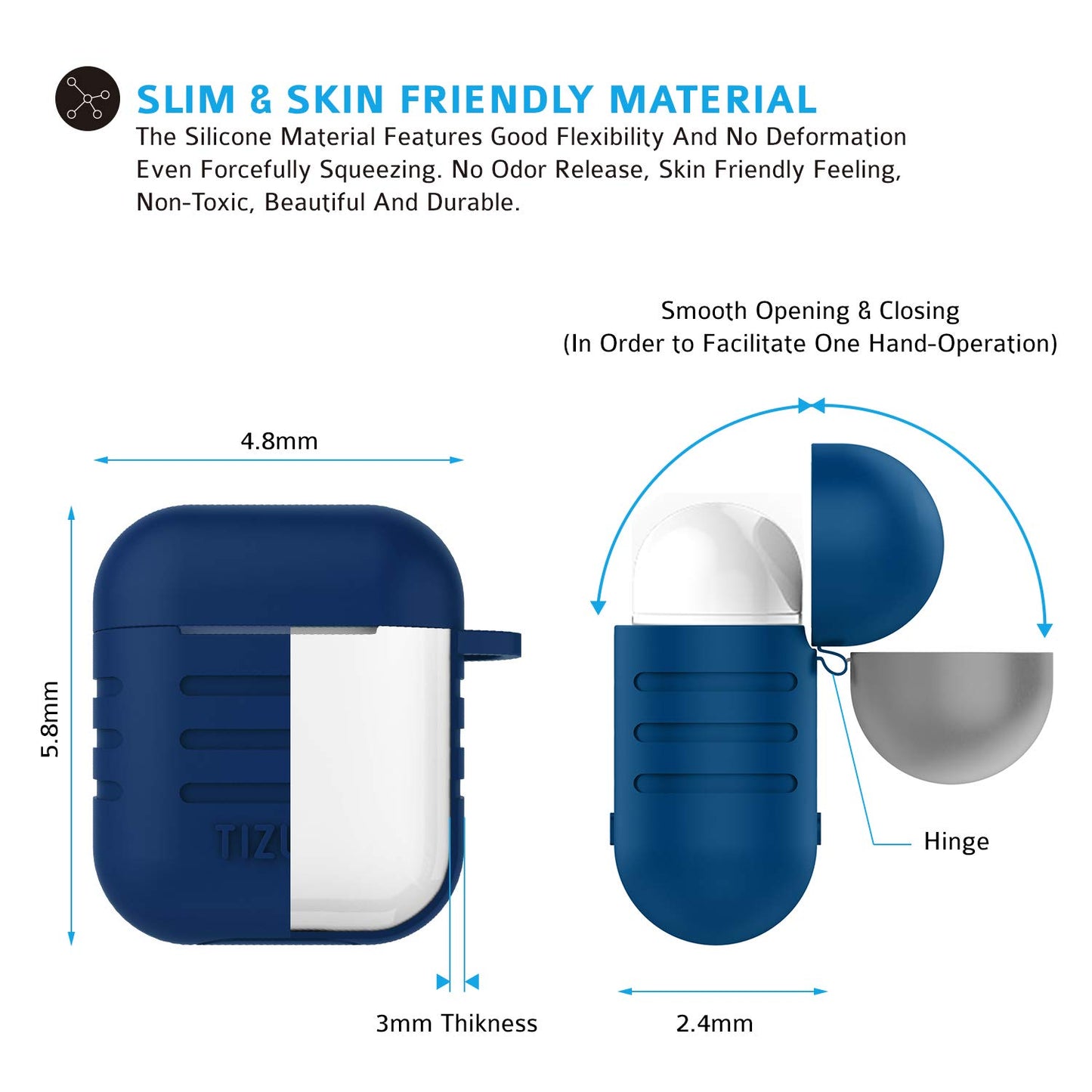 (Open Box) tizum Apple AirPods Case, Silicone-Shockproof Headphones Case Cover with Carabiner Hook for AirPod (Blue)