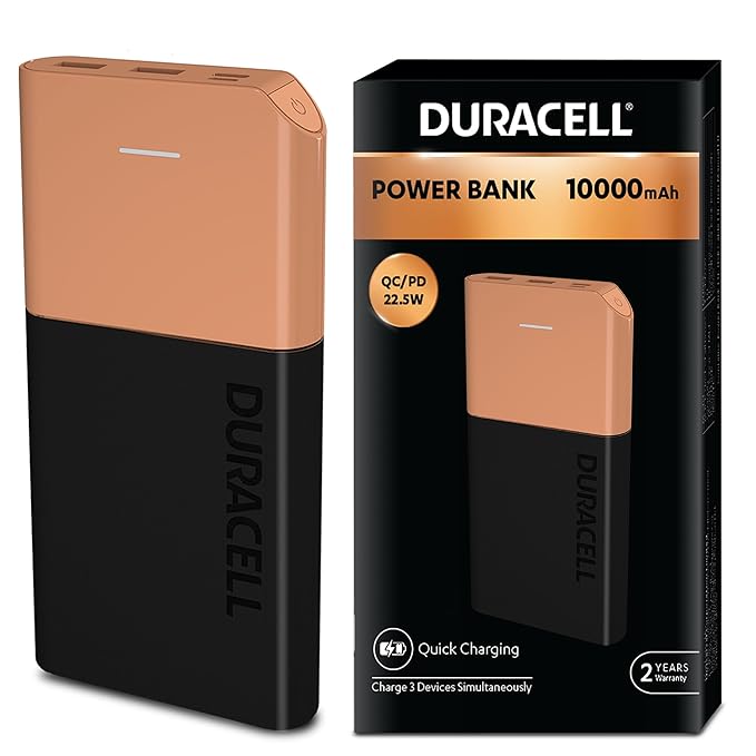 (Open Box) Duracell Power Bank 10000 mAh, Portable Charger, USB C/Micro USB Input, USB A/USB C Output, Fast Charge Technology, 22.5W Power Delivery for Smartphones, Tablets, Headphones and USB-Powered Devices