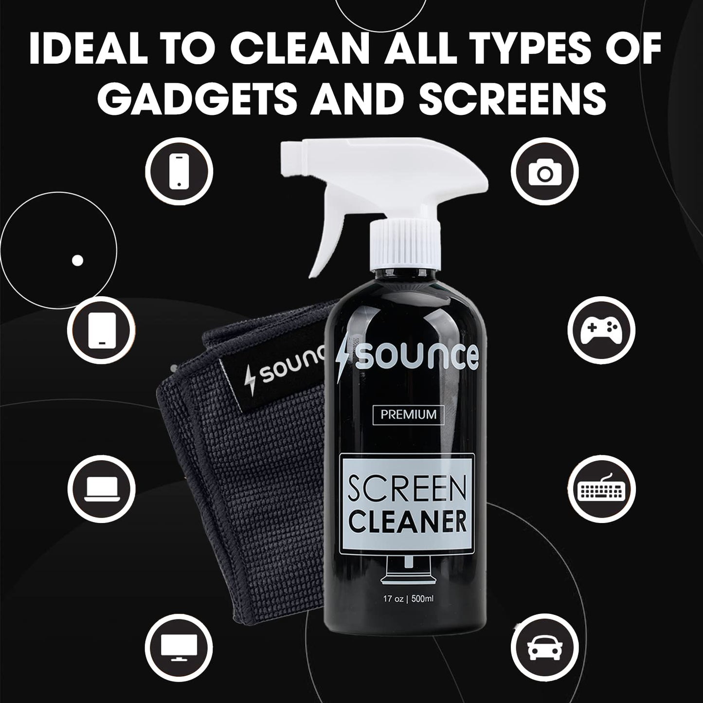 (open box)Sounce 2-in-1 Professional Screen Cleaning Kit Non-Toxic, Anti-Static for Camera, Lens, Binocular, Laptop, TV, Monitor, Smartphone, Tablet (Includes: Cleaning Liquid 500ml, Plush Microfiber Cloth)